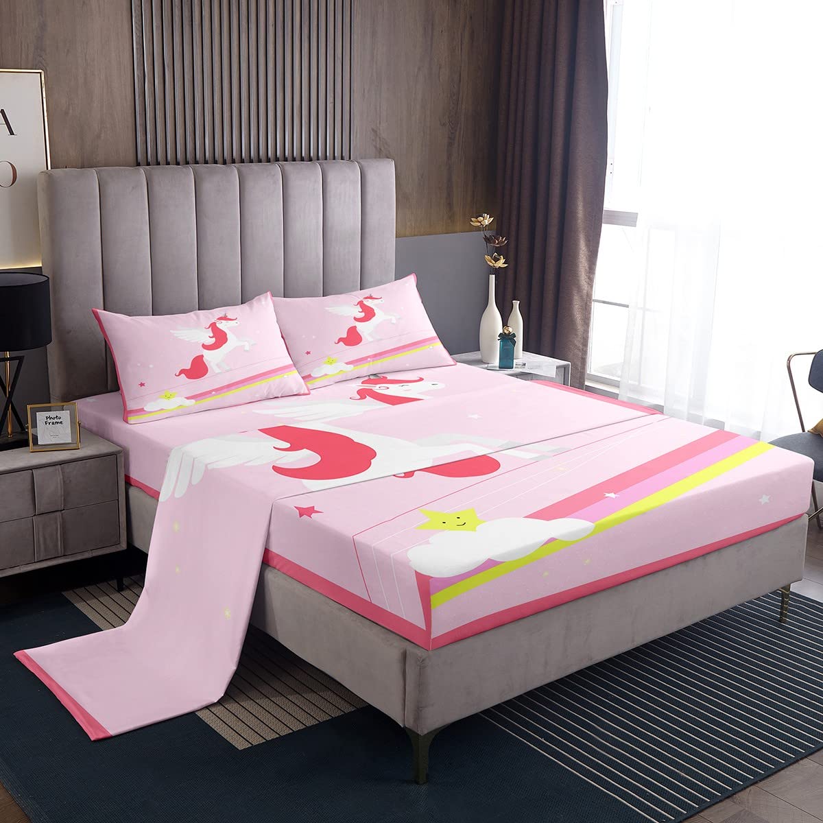 Set di biancheria da letto in cotone con unicorno rosa, per bambini, ragazzi e ragazze, set di biancheria da letto in cotone con unicorno magico per letto singolo
