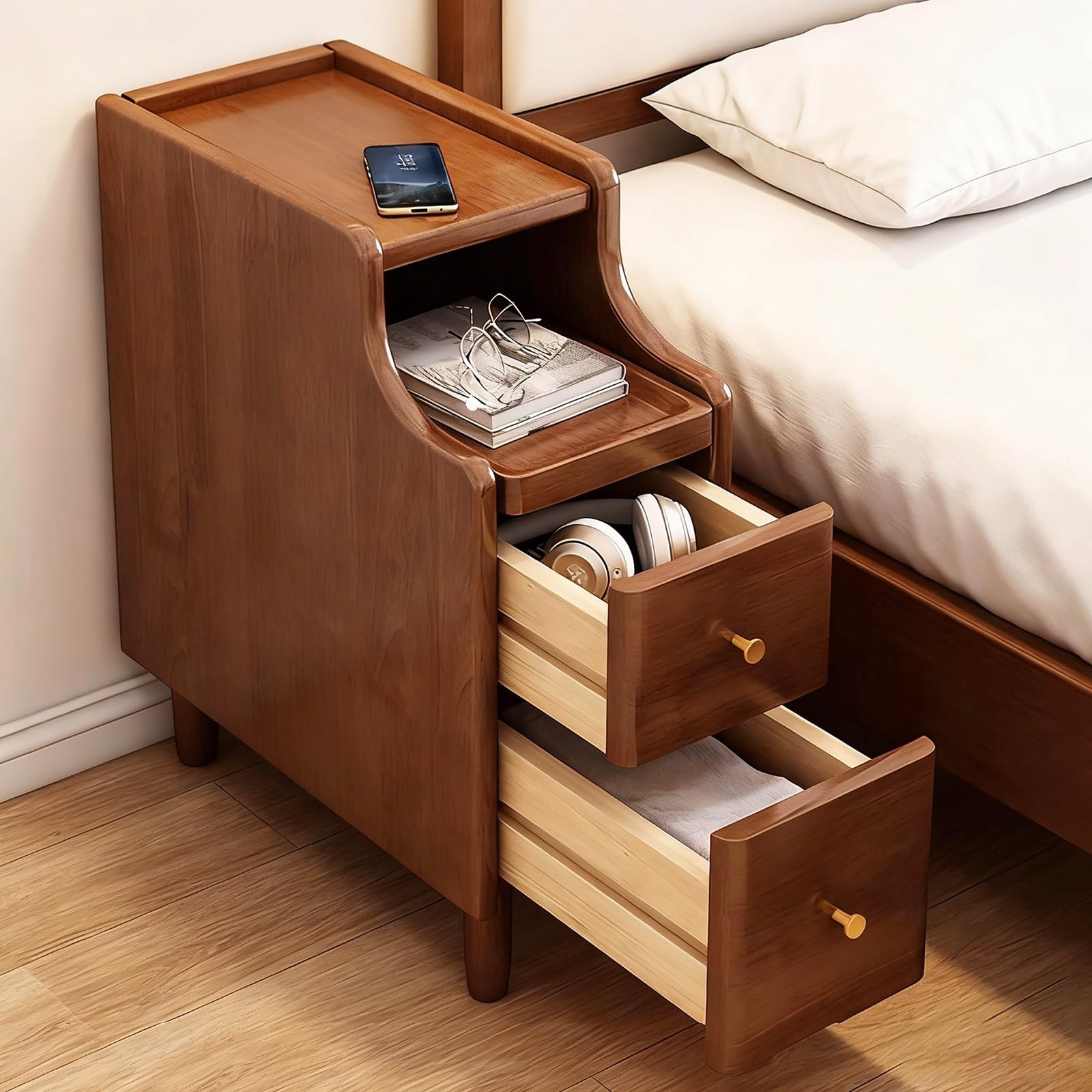 SXZenSpace Solid Wood Narrow Nightstand with 2 Drawers & Open Shelf No Assembly Required Bedside Table for Bedroom or Living Room Thin Couch Side (Brown 30x40x50cm)
