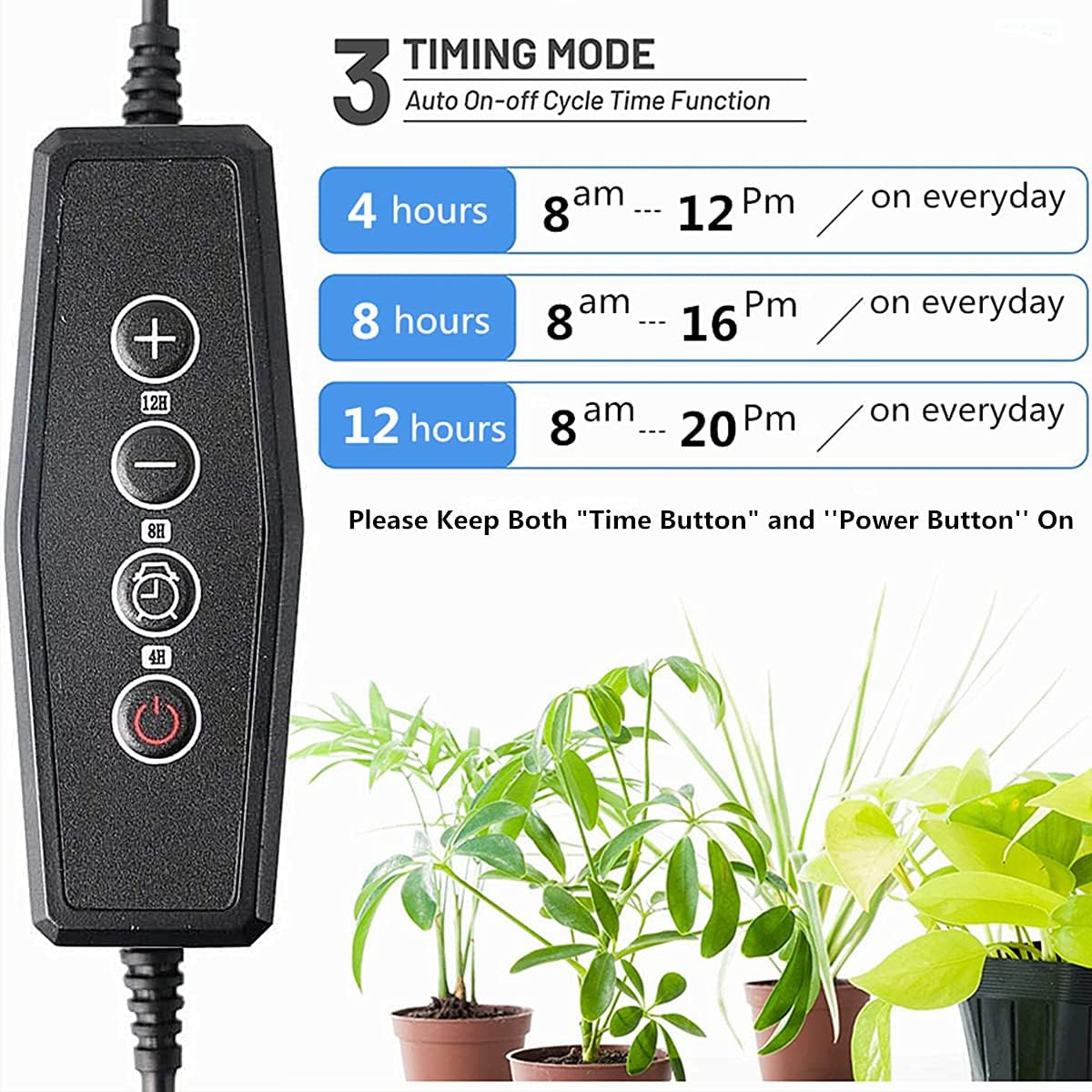 Close-up of the grow light controller showing buttons for power, brightness adjustment (+/-), and timer settings (4H, 8H, 12H).