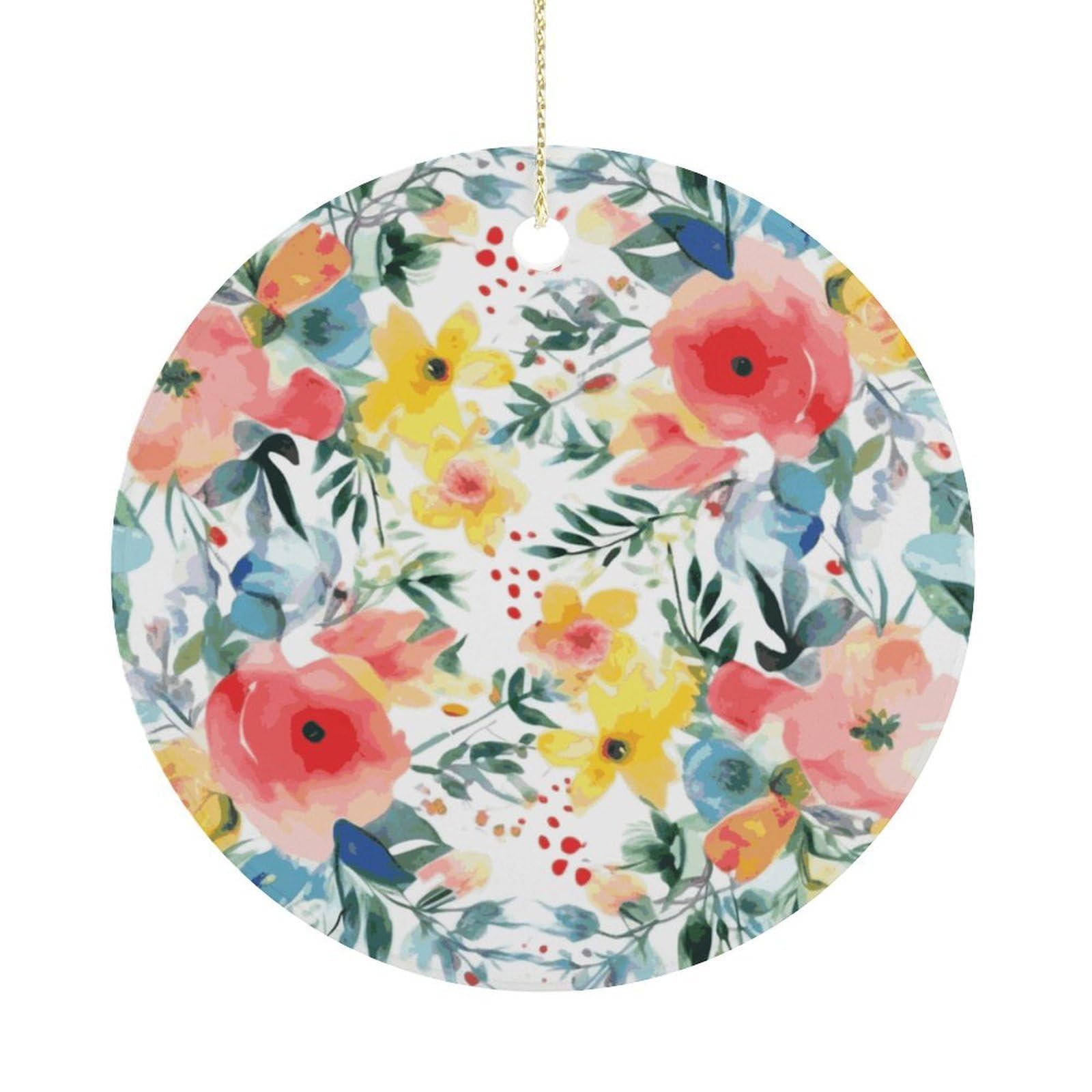 Bright Floral Watercolor Christmas Ornaments Colorful Round Ceramic Ornament Christmas Hanging Decor Christmas Tree Decorations Xmas Keepsake for Women Men Xmas Holiday Party