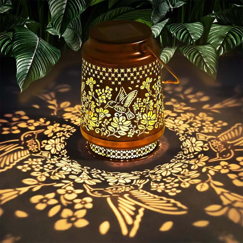 Present for Women Mum Grandma, Hummingbird Solar Lanterns for Outside Garden Ornaments Outdoor Hanging Metal Solar Lights Lantern, IP65 Waterproof Garden Decor for Patio, Lawn Yard ,Courtyard(A)