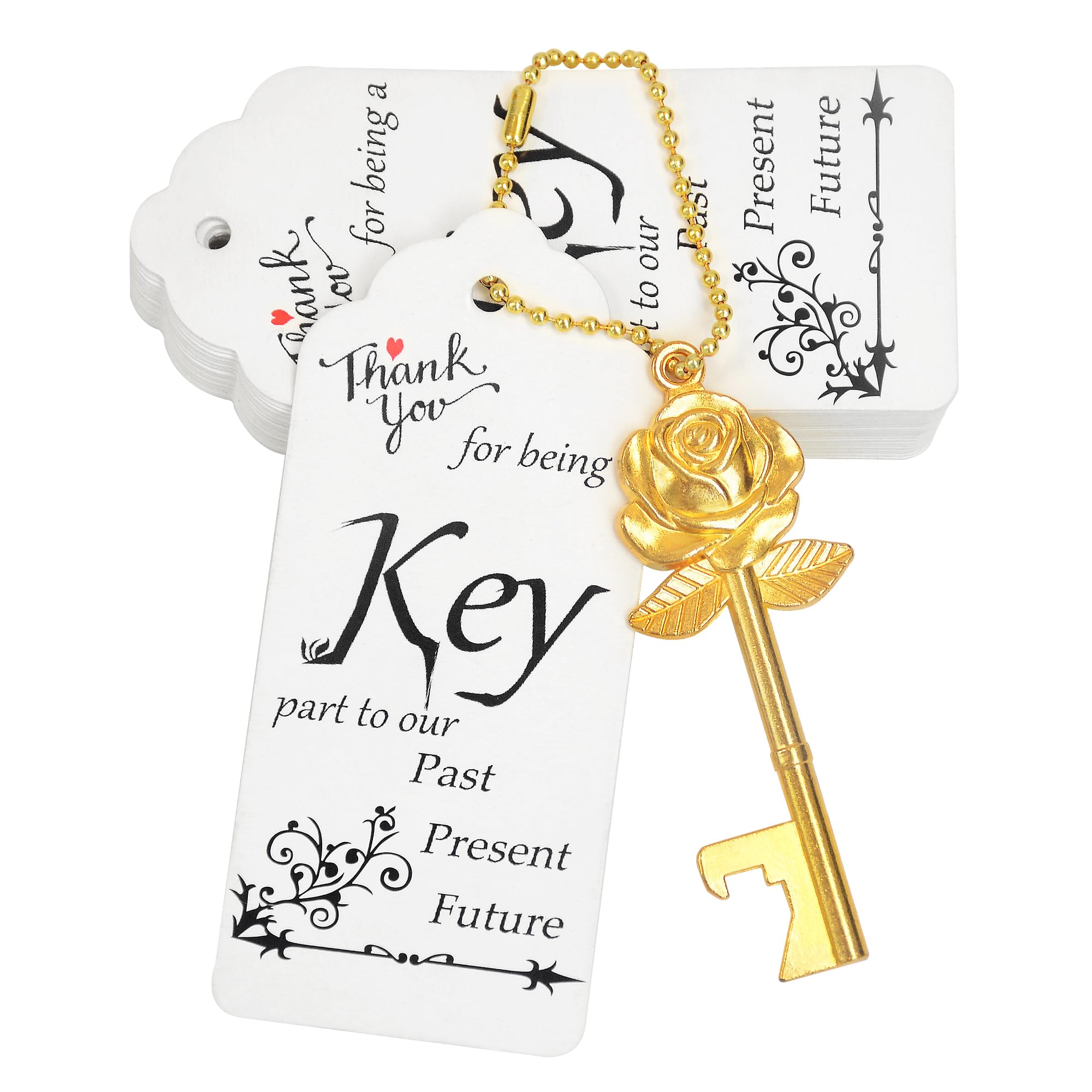 Aokbean 100 Sets Rose Flower Shaped Keys Wedding Favors Gift for Guest Bulk Skeleton Key Bottle Opener with Card and Chain for Rustic Party Bridal Showers Decorations (Gold)