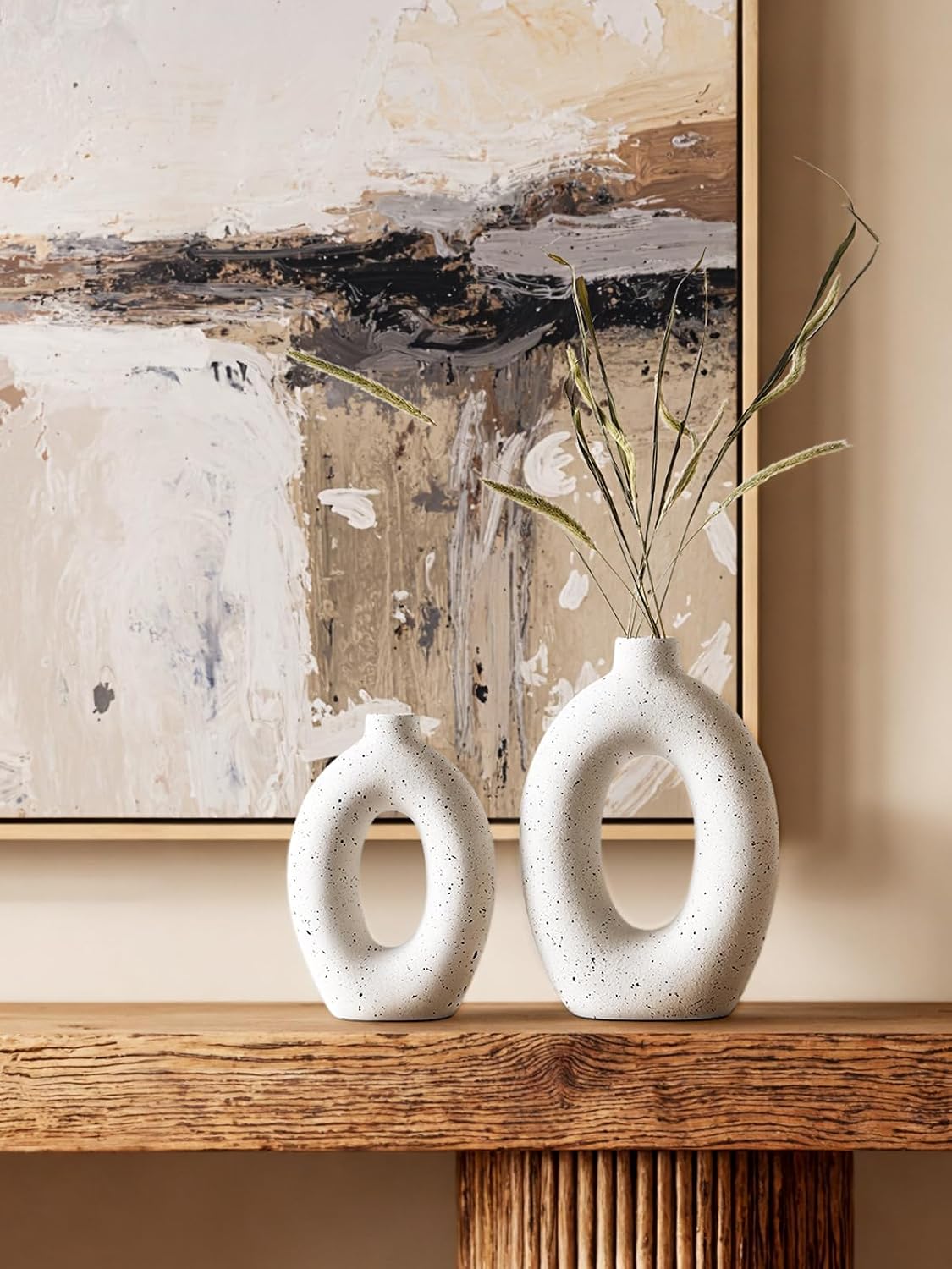LE TAUCI Ceramic Vases Set of 2, White Hollow Donut Flower Vases, Nordic Decor Decorative Centerpiece for Living Room, Office Table, Shelf, Mantel, White Speckled (H10.5”xW8.5”)