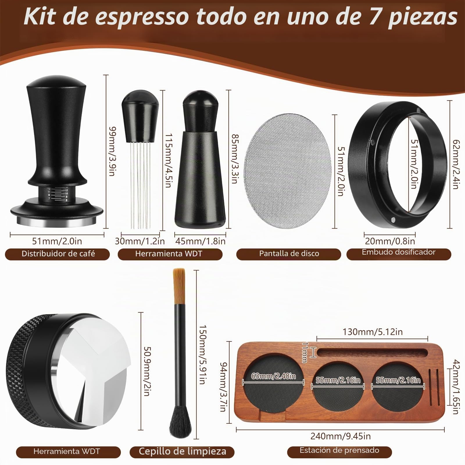 7 PCS Accesorios de Espresso, Herramientas de Prensador de Espresso de 51mm, Kit de Accesorios para Máquina de Espresso Herramienta WDT, Prensador de Café con Estación de Prensado de Espresso de