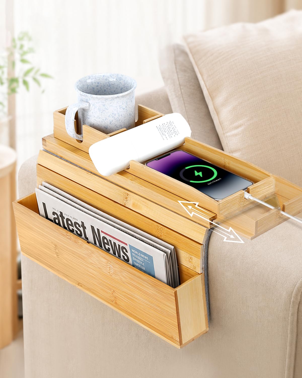 UCEC Bamboo Couch Arm Tray with Cup Holder 2in1 Slide-Out Sofa Armrest Tray