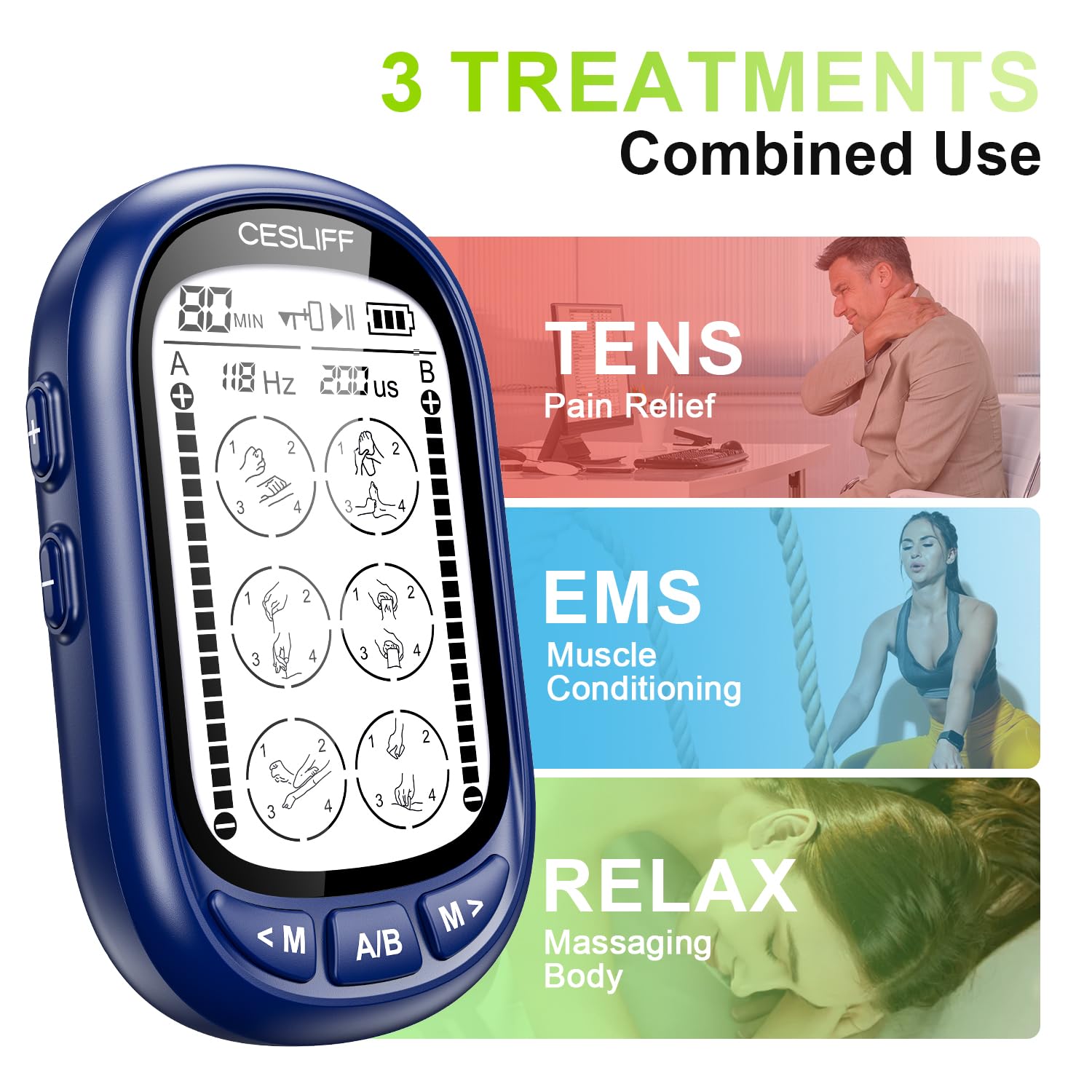 CESLIFF Dual Channel TENS EMS Unit Large Screen 24 Modes 36 Levels Intensity Muscle Stimulator, Rechargeable Electric Pulse Massager TENS Machine for Lower Back Neck Shoulder Pain Relief with 10 Pads — Amazon image 7