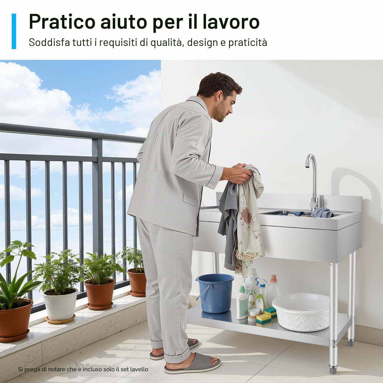 Lavello da cucina in acciaio inox, 1 vasca, professionale, in acciaio inox, autoportante con cestello filtro, per esterni, 100 x 60 x 80 cm