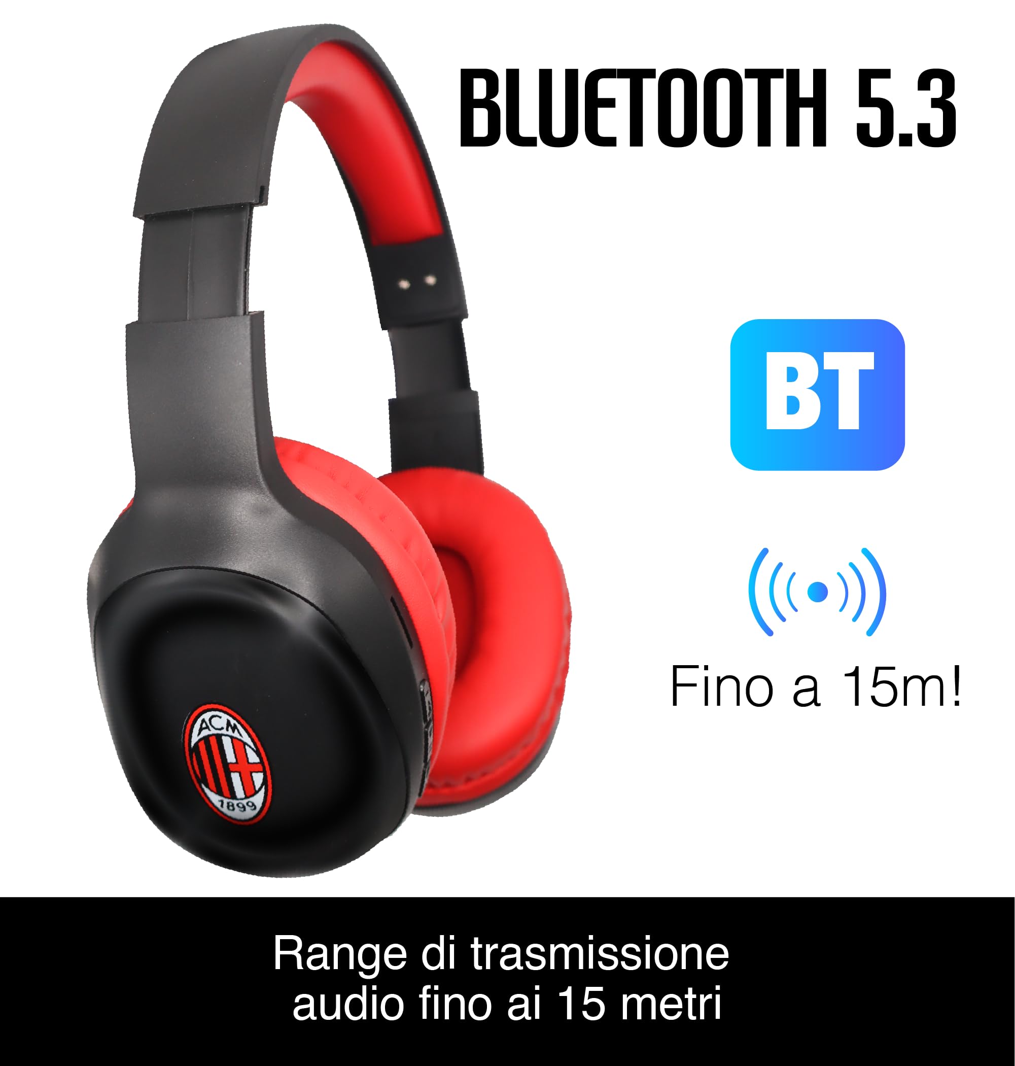 TECHMADE Ac Milan- Cuffie Senza Filo Cuffie Wireless Over-Ear, Cuffie Bluetooth Regolabili, Cuffie con Microfono Incorporato, HiFi Stereo, Micro SD Slot, per iPhone/Android/Viaggio/PC