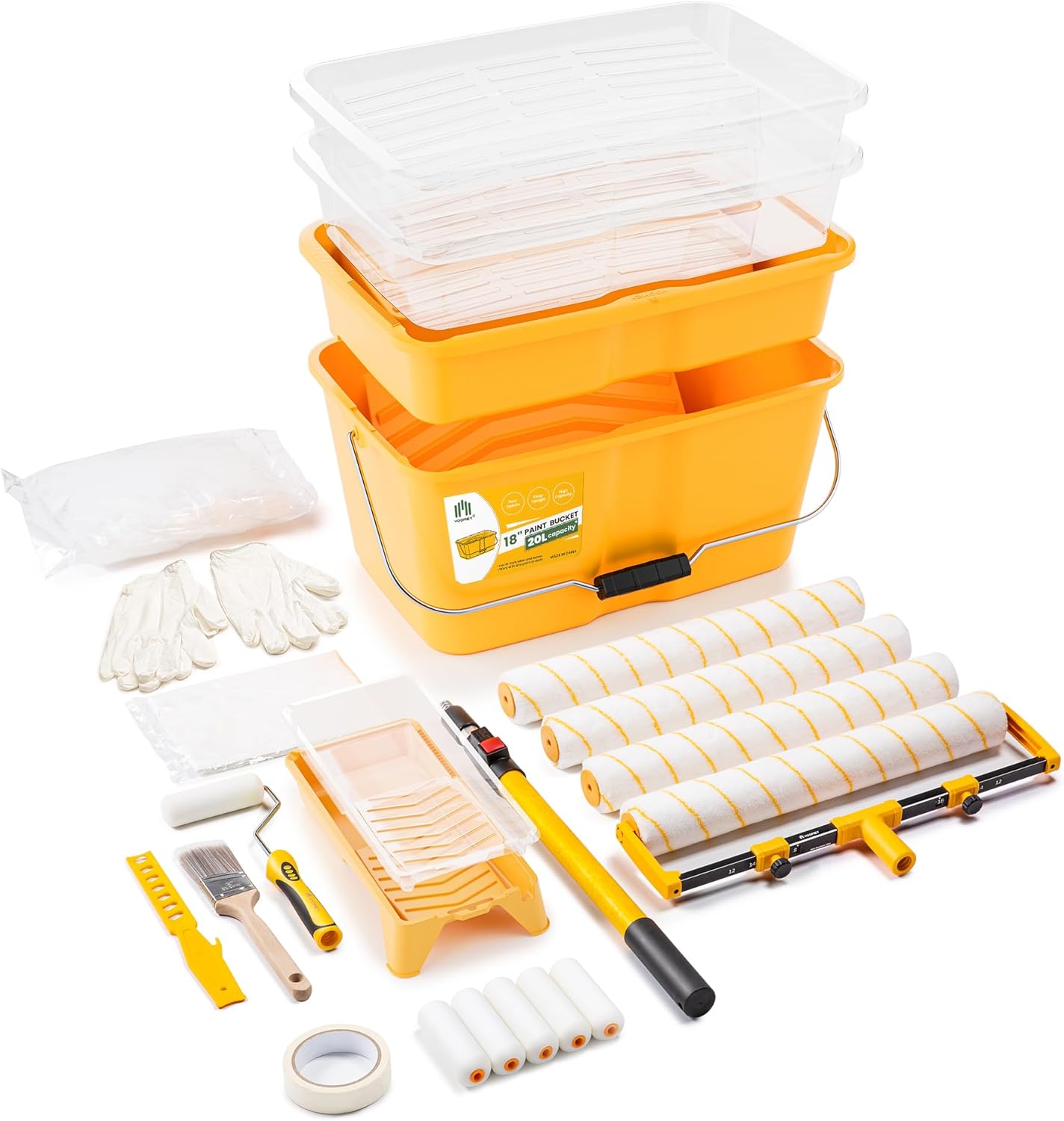 VOOMEY 28PC 18 Inch Paint Roller Kit, Paint Bucket,18" Paint Tray, 4 Inch Foam Paint Roller with 40 Inch Extension Pole,Ideal for Fast Large Area Painting Room and Small Area Detail Painting 28 PC
