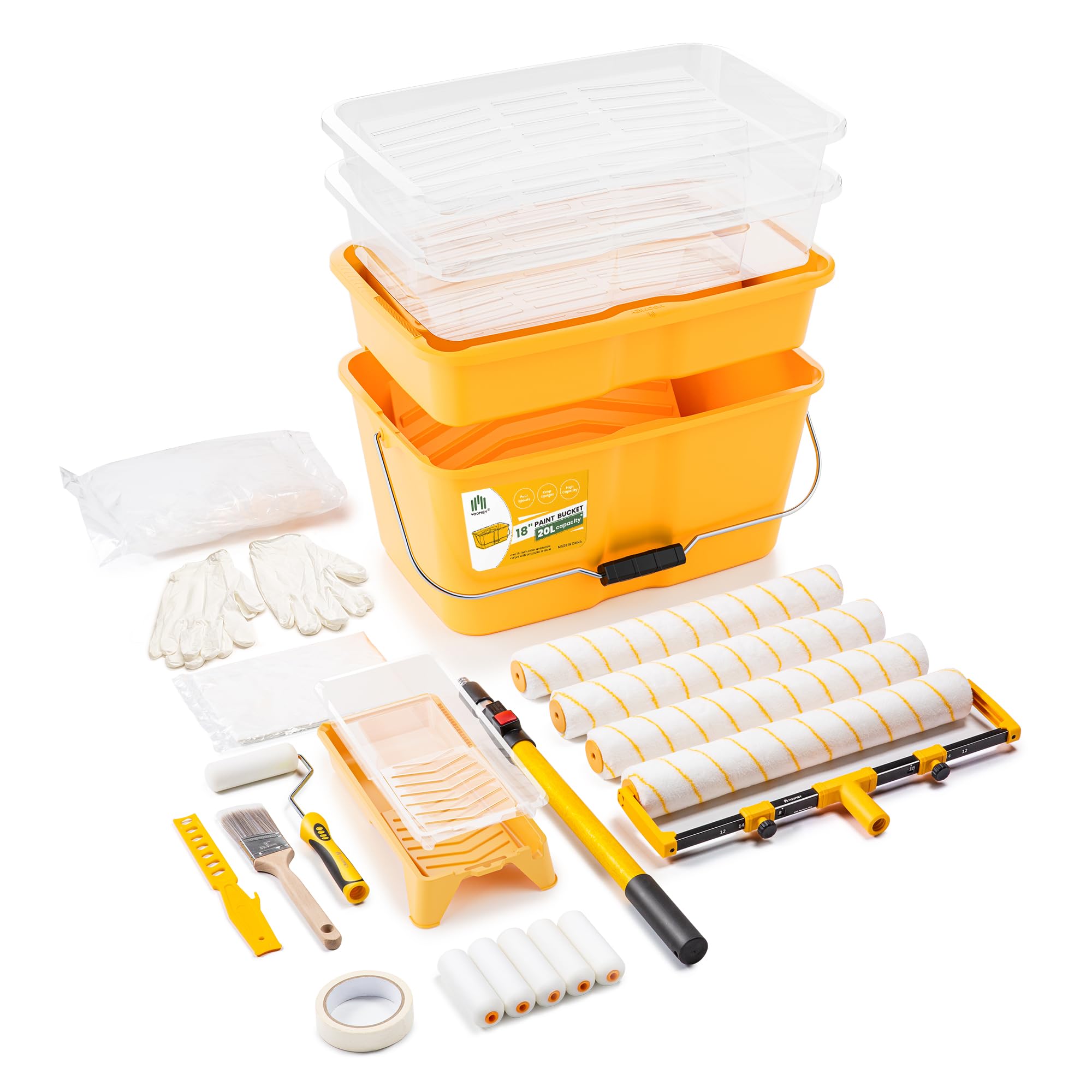 VOOMEY 28PC 18 Inch Paint Roller Kit, Paint Bucket,18" Paint Tray, 4 Inch Foam Paint Roller with 40 Inch Extension Pole,Ideal for Fast Large Area Painting Room and Small Area Detail Painting