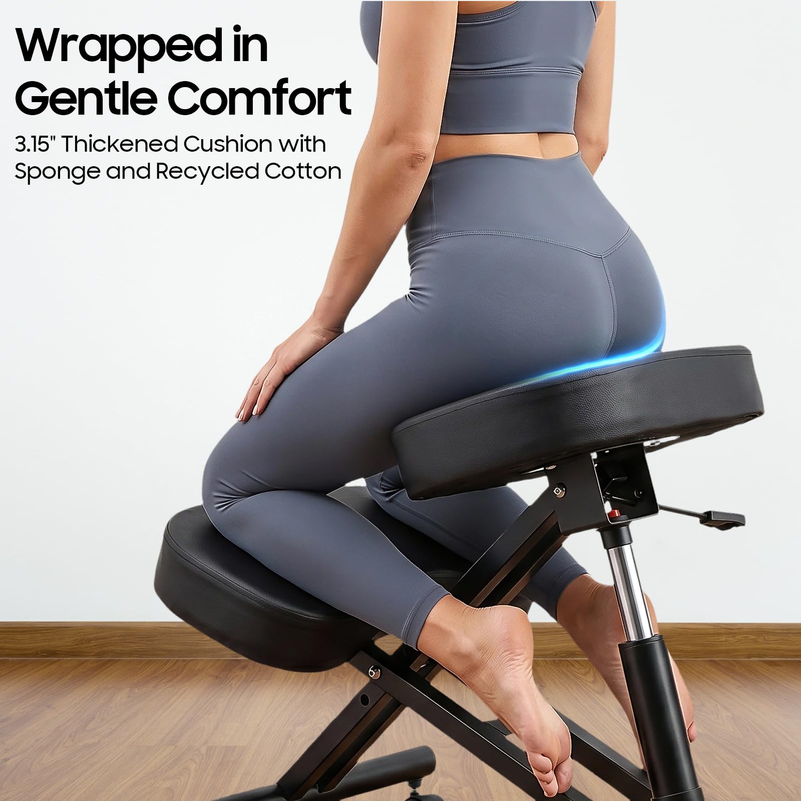 Silla de rodilla ergonómica ajustable para oficina, estructura de metal + silla de oficina de piel, asiento con reposamuñecas, dolor de espalda, aliviar el dolor de cuello y mejorar la postura
