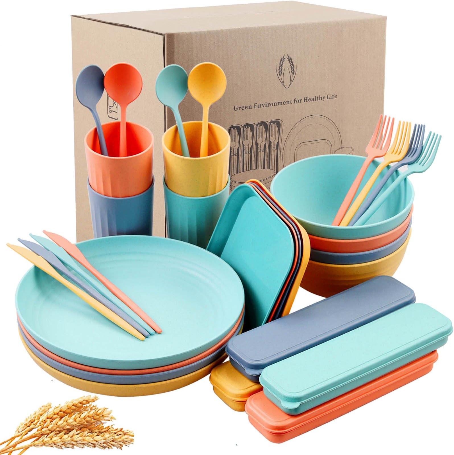 BS 32PC REUSABLE PLASTIC CAMPING PICNIC SET PLATES BOWLS GLASSES SPOONS