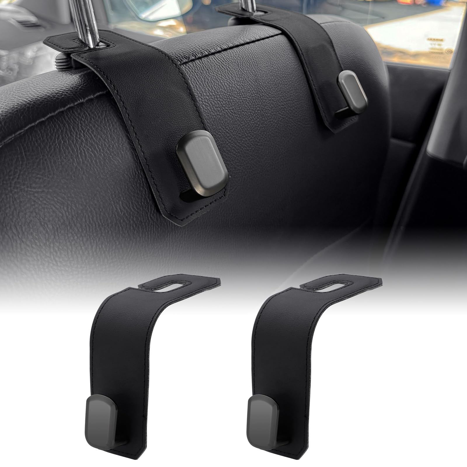 LECART Car Purse Hook Leather Headrest Hooks for Car Back Seat Purse Holder for Hanging Bags Clothes Car Interior Seat Hanger Organizer Black 2 Pack