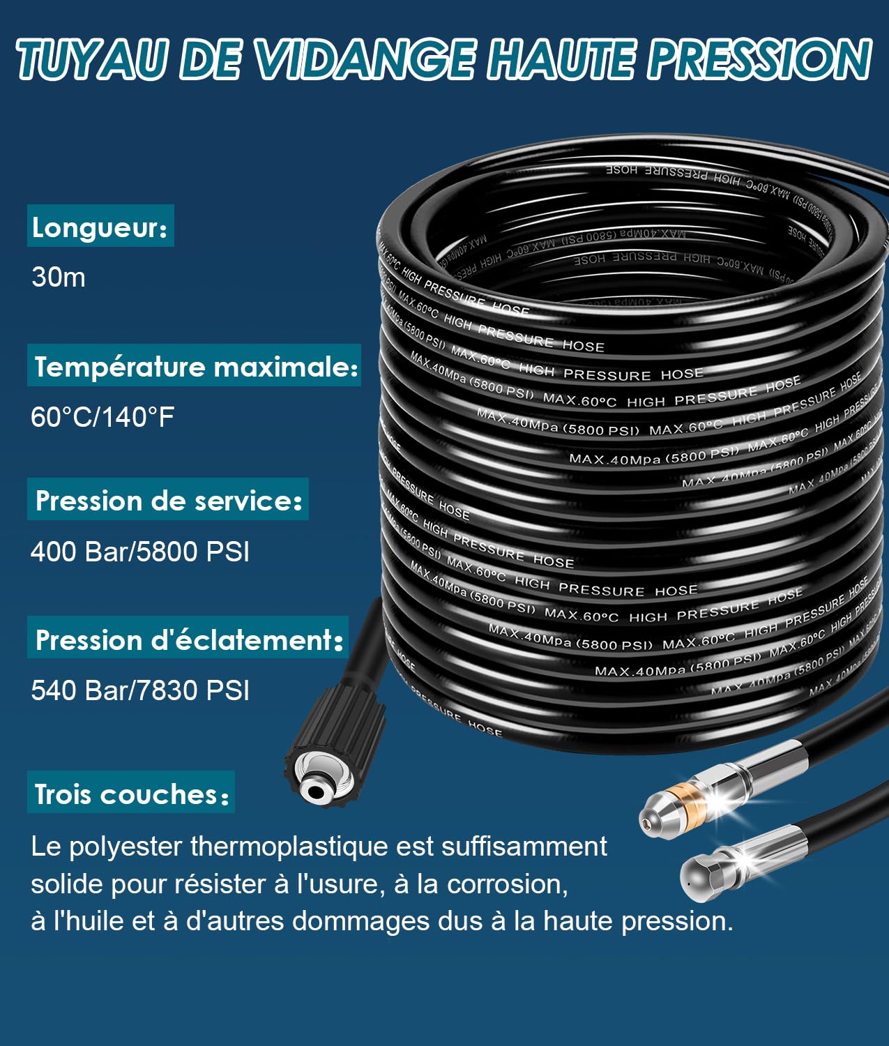 WADEO Tuyau de Nettoyage Haute Pression 30M, 400 Bar/5800 PSI, Compatible Kärcher K2 K3 K4 K5 K6 K7, Lavor, Bosch, Parkside - Kit Nettoyage Pro avec 2 Buses et 3 Adaptateurs pour Usage Domestique