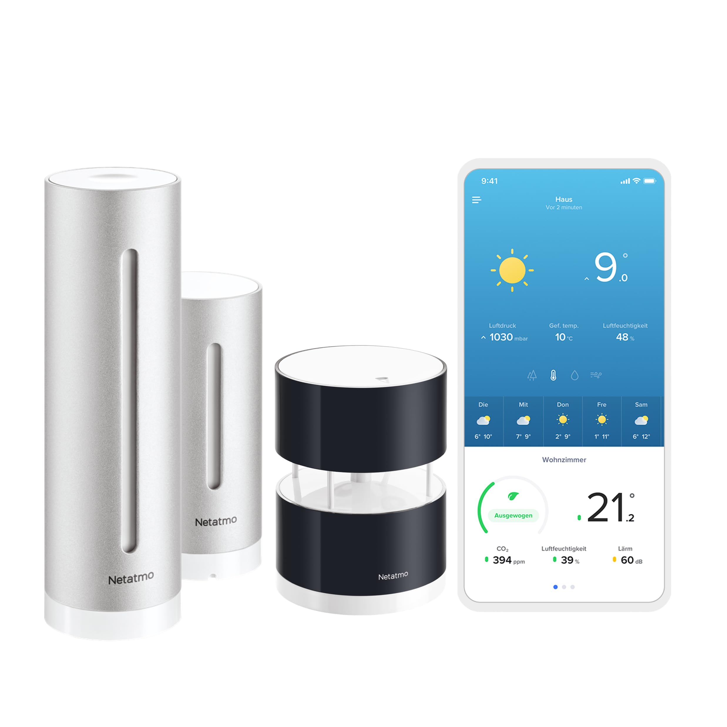 Netatmo Smarte Wetterstation mit Wandhalterung - WLAN, Funk, Innen- und Außensensor & Windmesser für Netatmo-Wetterstation, schwarz, NWA01-WW, 16 cm