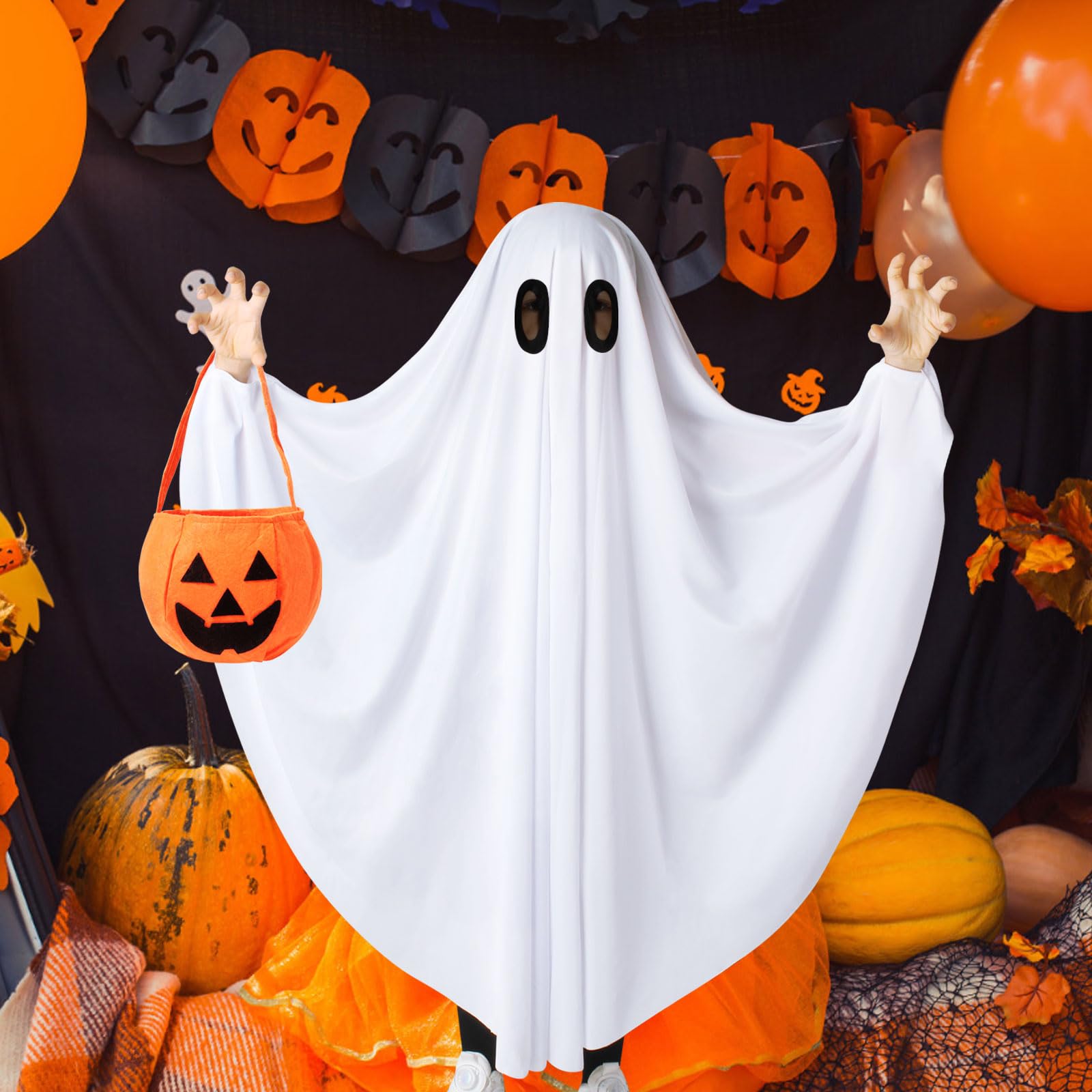 Oskiner Ghost Costume for Kids,White Ghost costumes with Pumpkin Bag, Spooky Halloween for Boys Girls Toddler