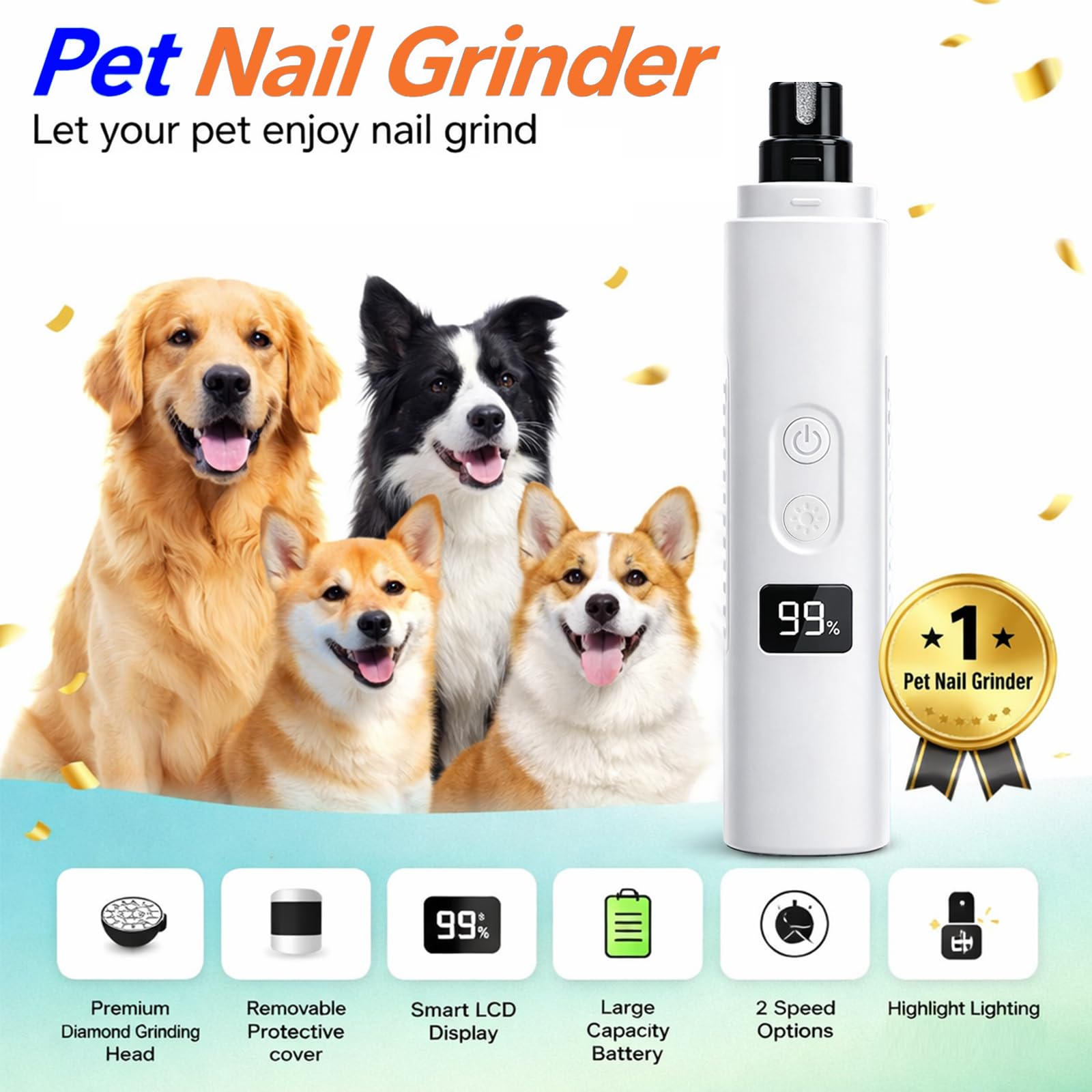 Ultra Quiet Dog Nail Grinder with LED Light, Cats & Dog Nail Trimmers, Anti-slip Dog Nail Clippers, High Speed Grinder for Cats, Small Medium Large Dogs, 3-Speed Adjustable, Replacement Grinding Heads - image 7