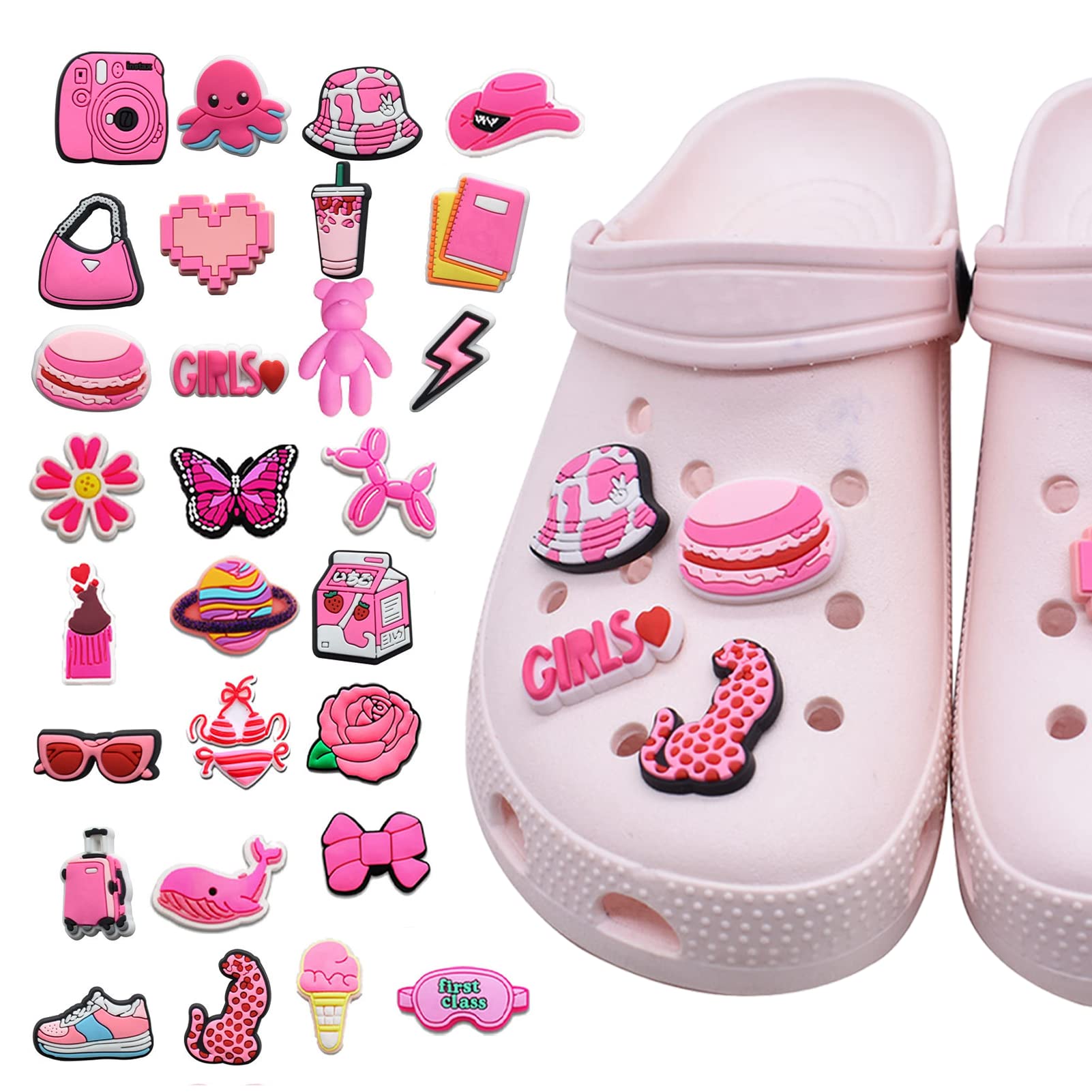 NPQ 30 Pcs Cartoon Shoe Charms Pink Charms for With Holes Clogs Beach Sandals Water Shoes Breathable Sports Shoes Wristbands and Bags Any Combination Can Become Interesting