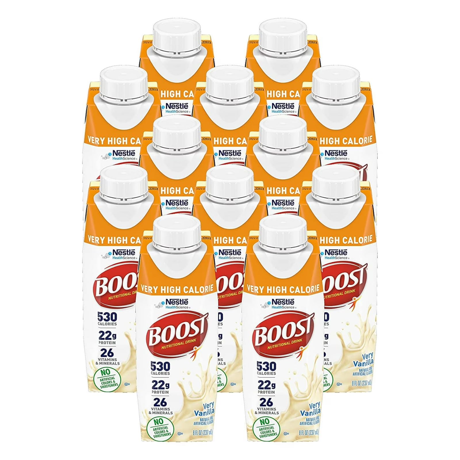 Boost Very High Calorie Nutritional Drink Very Vanilla, Made with Natural Vanilla Flavor & No Artificial Flavors, Colors & Sweeteners, 8 FL OZ (Pack of 12)