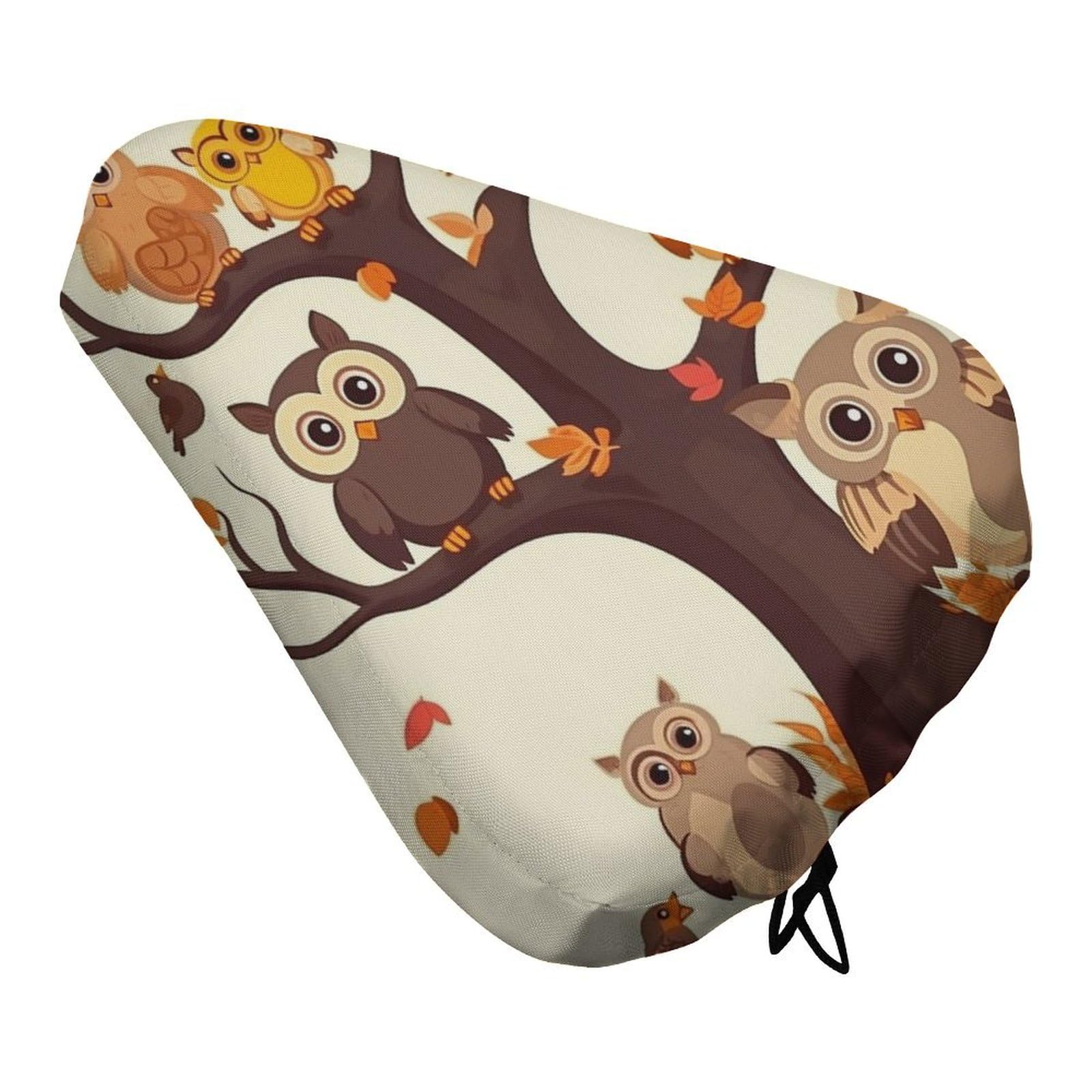 Cartoon Owl on Tree Bike Seat Cover Water-Repellent Exercise Bike Seat Cushion Bicycle Saddle Cover with Drawstring Rain Snow Dust Covers for City Mountain Road Biking