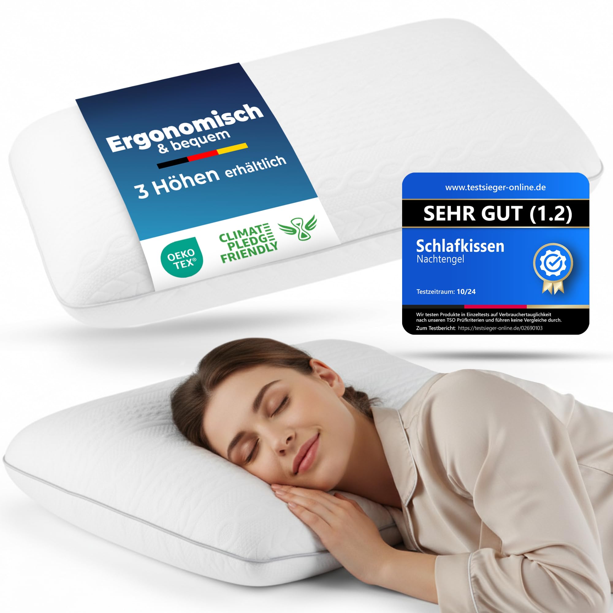 Nachtengel Ergonomisches Kopfkissen 40x60 aus Memory Foam mit Nackenstütze – Orthopädisches Kissen Nackenkissen Rücken-, Bauch- & Seitenschläferkissen Schlafkissen weiß Oeko-TEX 10cm Höhe