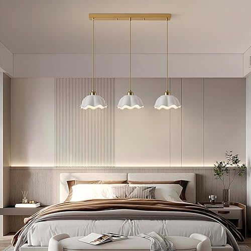 Miniatura 8 de Lámpara colgante colgante de 3 luces doradas para isla de cocina, luz de vidrio de leche vintage, onda blanca ajustable, lámpara de techo colgante