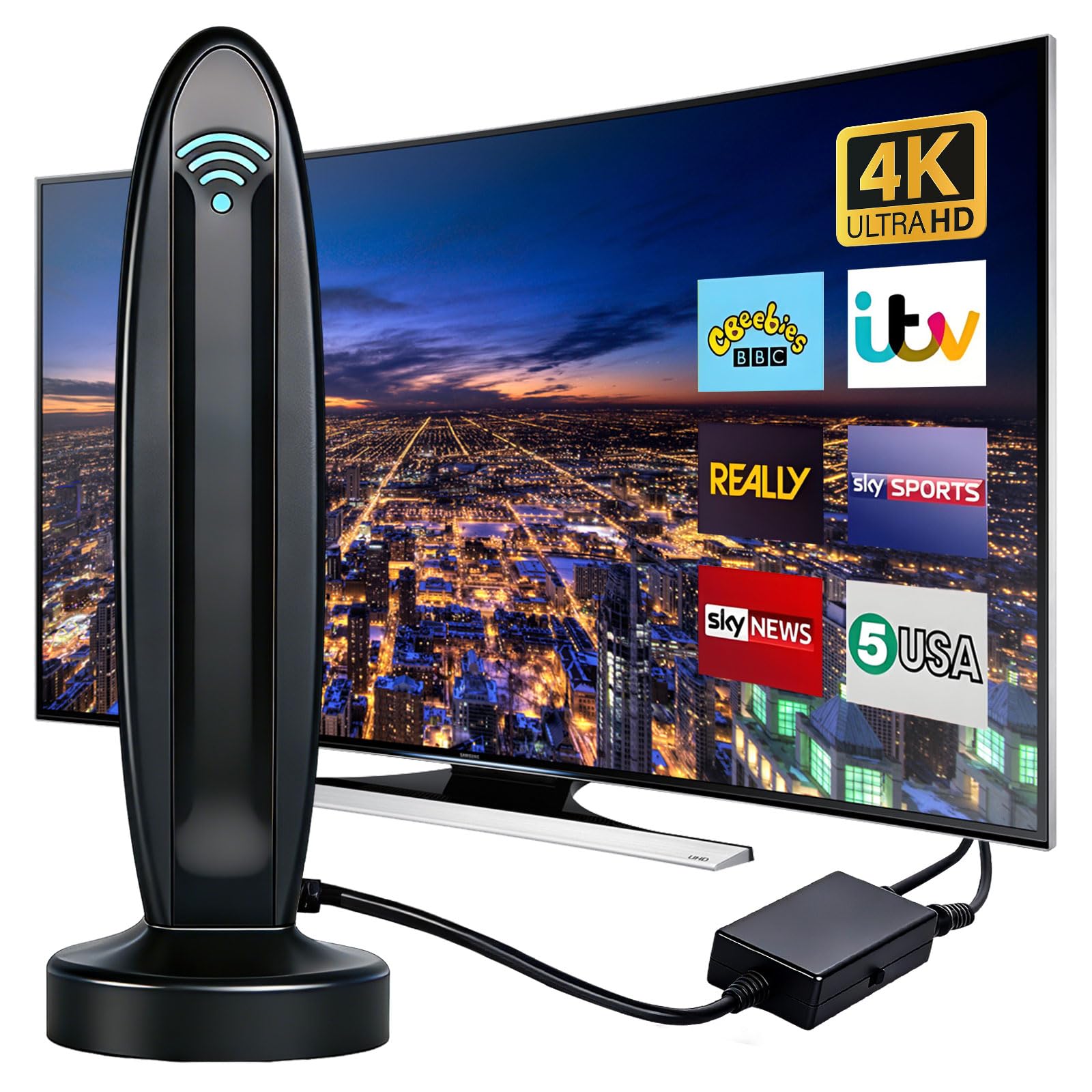 DVB-T2 Antenne mit Verstärker für Innen - Zimmerantenne für Fernseher, DVB-T/T2, TV Antenne 4K UHD Full HD, 360° Empfang bis 500 km, kostenlose Sender