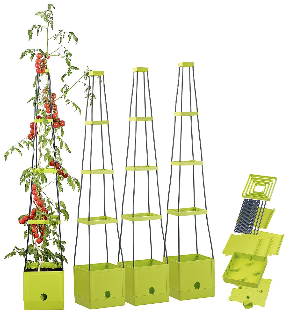 Royal Gardineer Pflanzenaufzuchttürme: 4er-Set Pflanz-Türme mit Rankhilfe für Tomaten, mit 2,5-l-Wassertank (Tomatentöpfe mit Rankhilfen, Tomaten-Pflanzturm mit Bewässerung, Topf)
