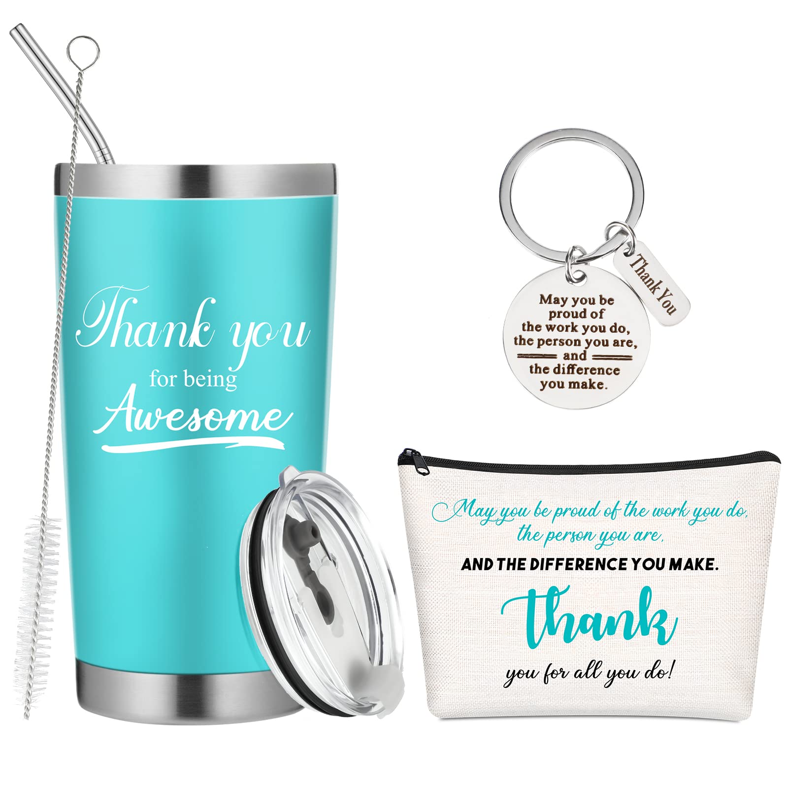 Eaasty 3 Pieces Thank You Gifts for Women Set Including Thank You for Being Awesome 20 oz Mint Tumbler with Lid Straw Appreciation Gift Makeup Bag Appreciation Keychain Gifts Encouragement Gifts Ideas