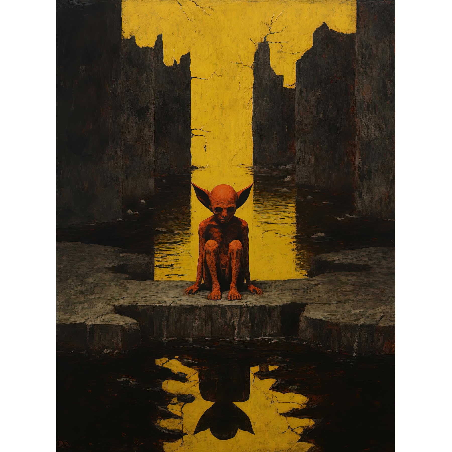 Artery8 Nosferatu Lair Conceptual Art Oil Painting Yellow Sky Castle Ruins Red Demon Water Reflection Large Wall Art Poster Print Thick Paper 18X24 Inch