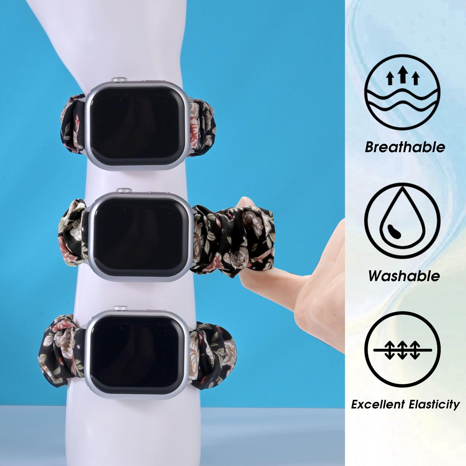 MABEKS Compatible for Apple Watch Band Stretchy Scrunchie 38mm 40mm 41mm 42mm 44mm 45mm 3 Packs Printed Elastic Solo Loop Bands Women Girls Bracelet Strap for iWatch Series 9 8 7 6 5 4 3 2 1 SE SE2 Ultra
