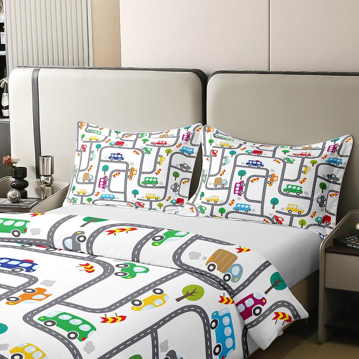 Homemissing Dessin animé Voiture Parure de lit Coton Ensemble de Housse de Couette Centre - Ville pour Enfants 100% Coton Housse de Couette 220x240cm scène Cowboy Literie Moderne Blanc literie