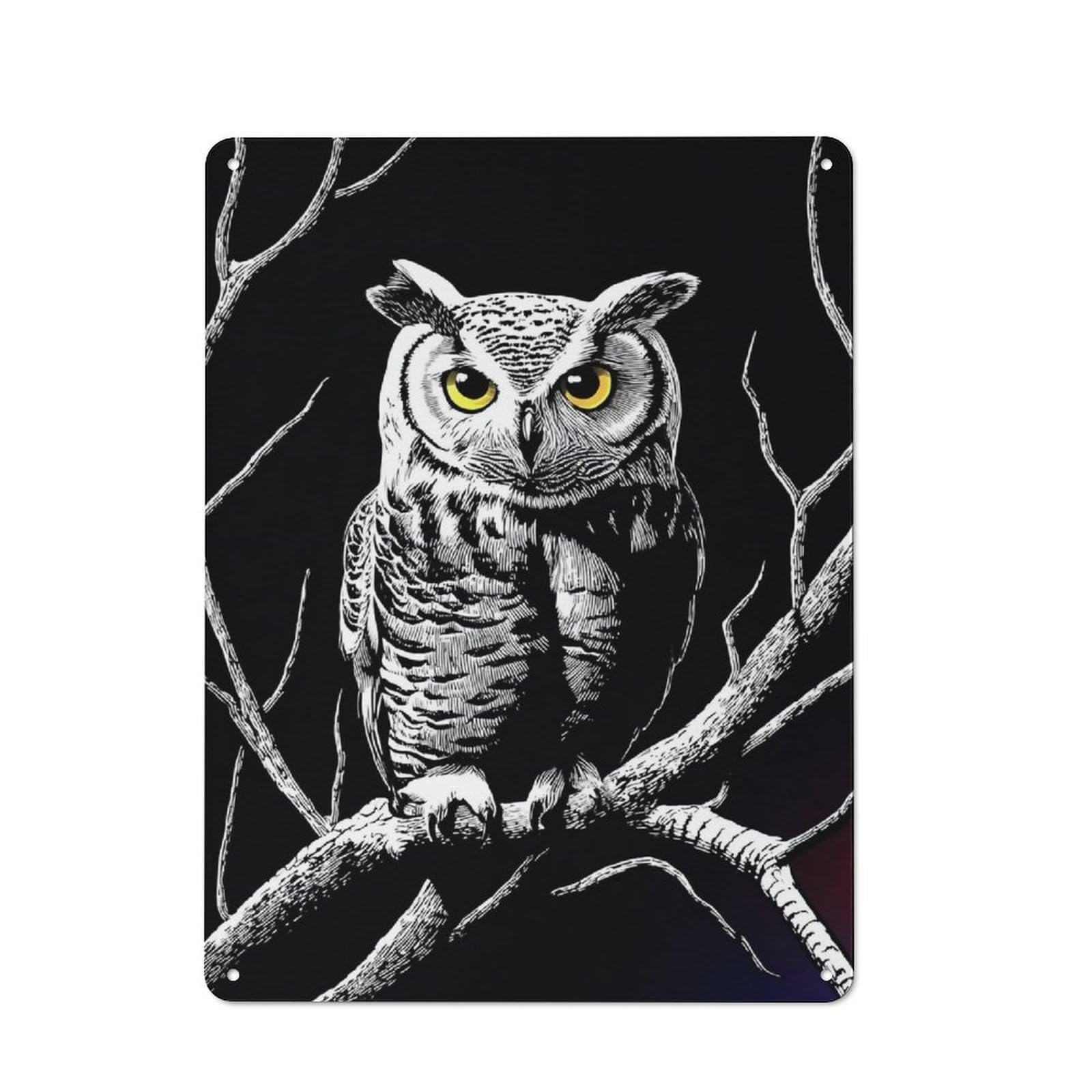 Nighttime Owl Perch Illustration Rustic Metal Sign 40x30cm for Workshop Wall, for Collectors of Rustic Metal Wall Decor