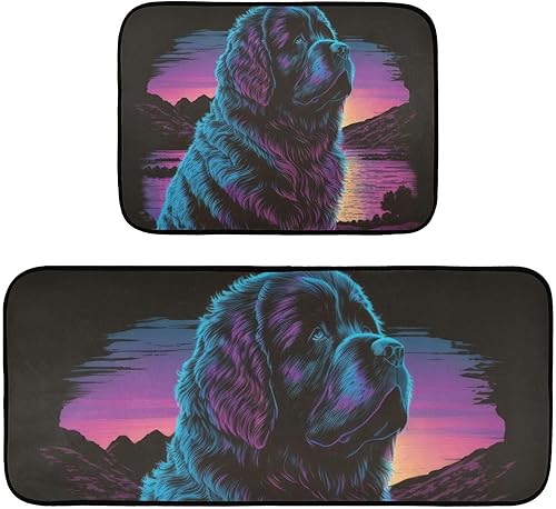 Kitchen Mats for Floor 2 Piece Set Newfoundland Dog 80s Print, Anti Skid Cushioned Water Absorbent Kitchen Rugs Door Mat Floor Mats for Kitchen Sink
