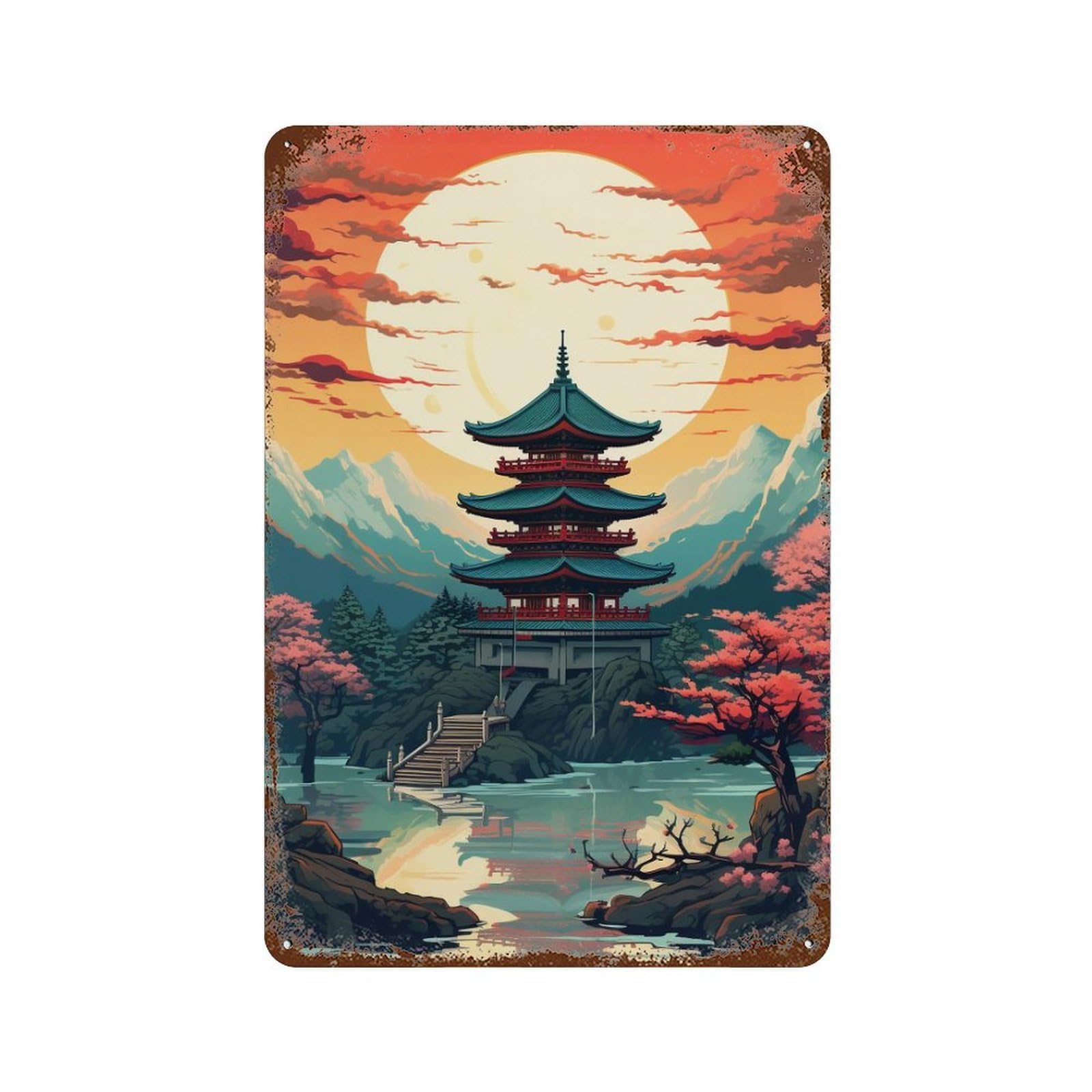 Aged Metal Wall Plaque with Japanese Pagoda Sunset Landscape-3 Design 11.8"x7.9", for Shed, Workshop And Garage Wall Decor, Decorative Metal Wall Art