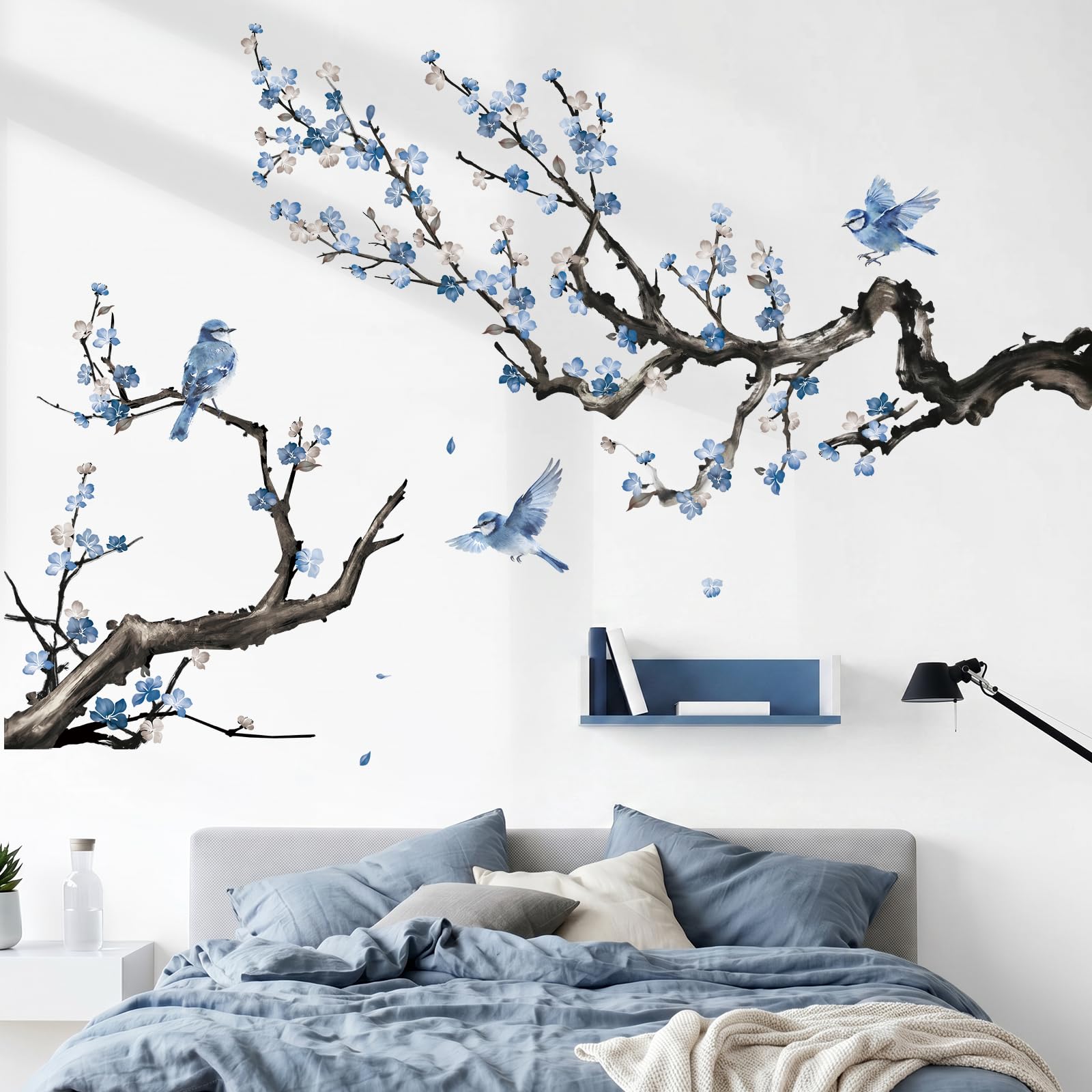 Peelora Watercolor Blue Flower Branch Wall Stickers Blossom Tree Branch Floral Bird Wall Decals Living Room Bedroom Tv Background Self-Adhesive Home Decor Stickers