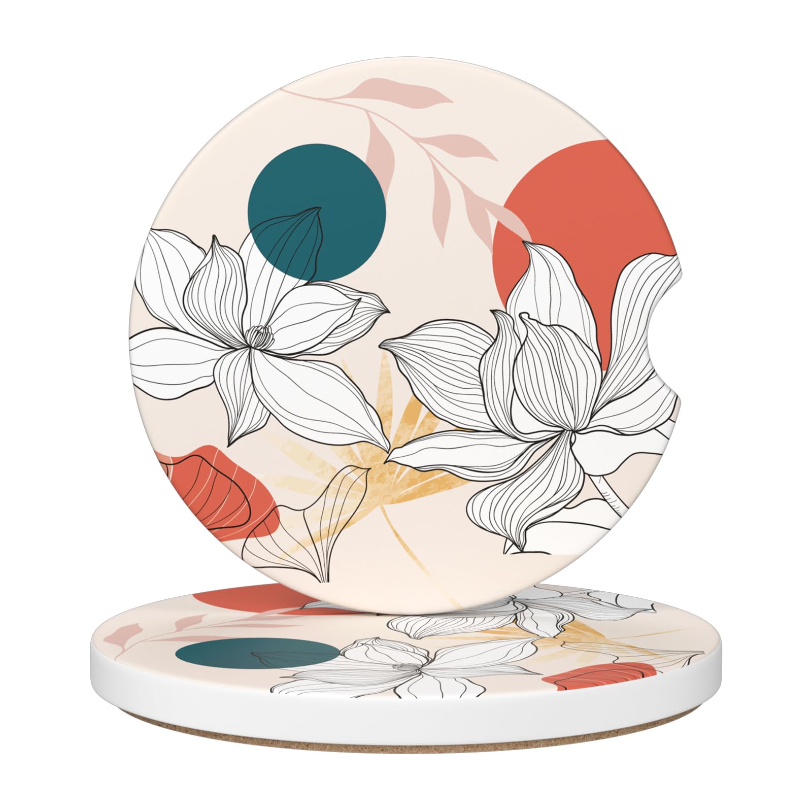 Car Cup Holder Coaster, Car Coasters for Cup Holders, 2 Pack Universal Anti Slip Insert Absorbent Ceramic Auto Interior Accessories with A Finger Notch & Cork Base, Lotus