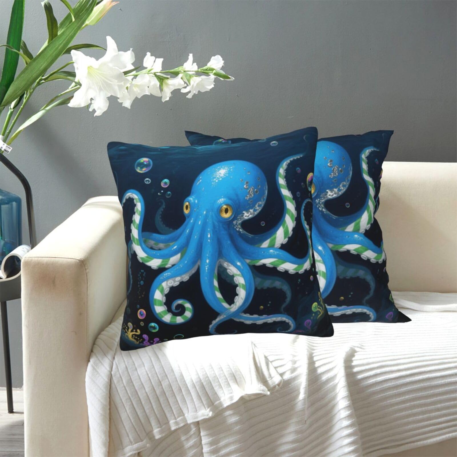 FekiLoot Decorative Throw Pillow Covers Modern Farmhouse Pillowcase Double Sided Cozy Cushion Cover for Sofa Couch Bed 18"X18" Blue Octopus