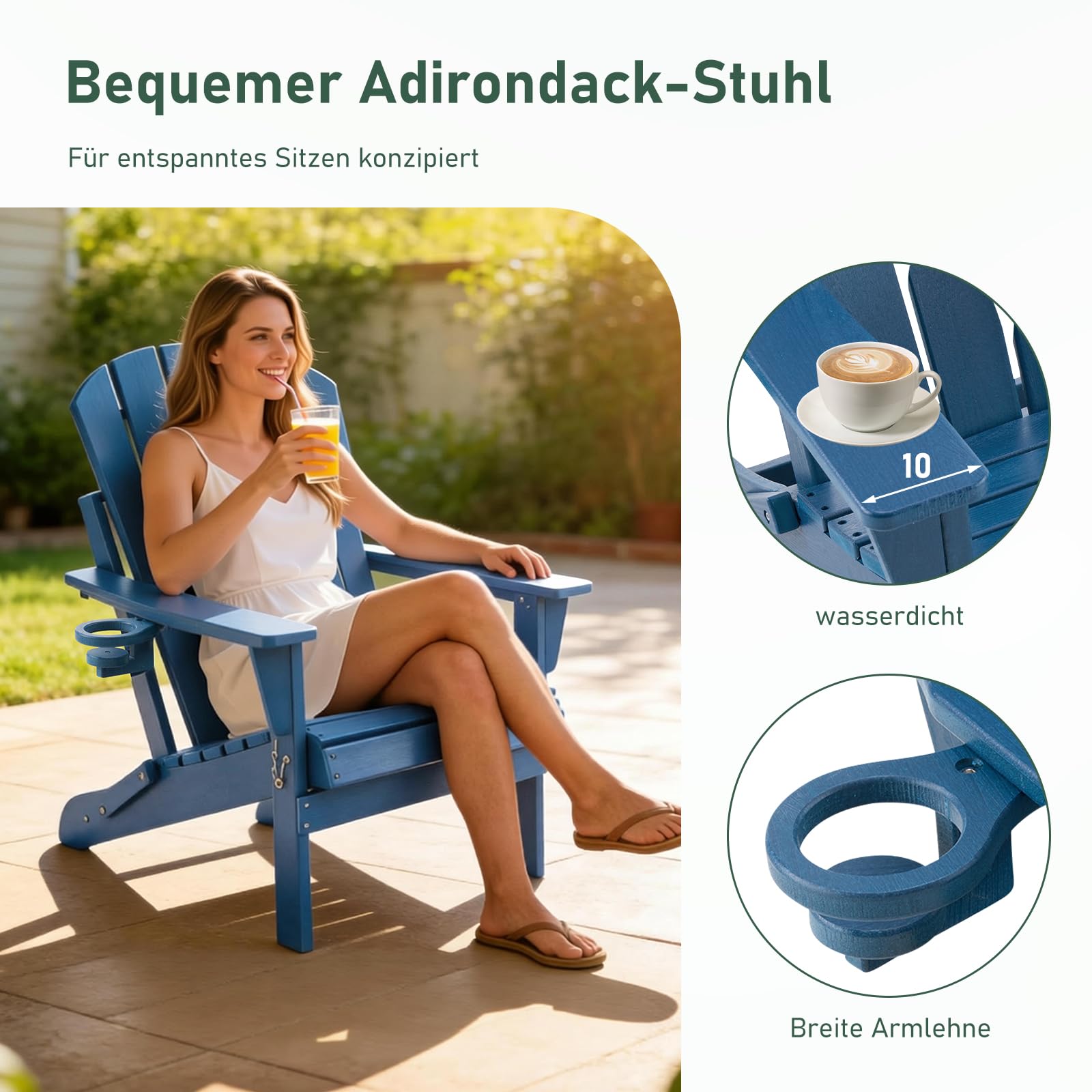 Adirondack Stuhl Klappstuhl mit Getränkehalter, Wetterfest Gartenstuhl Patio Stühle, Gartensessel aus Kunststoff für Garten, Terrasse und Balkon, Blau