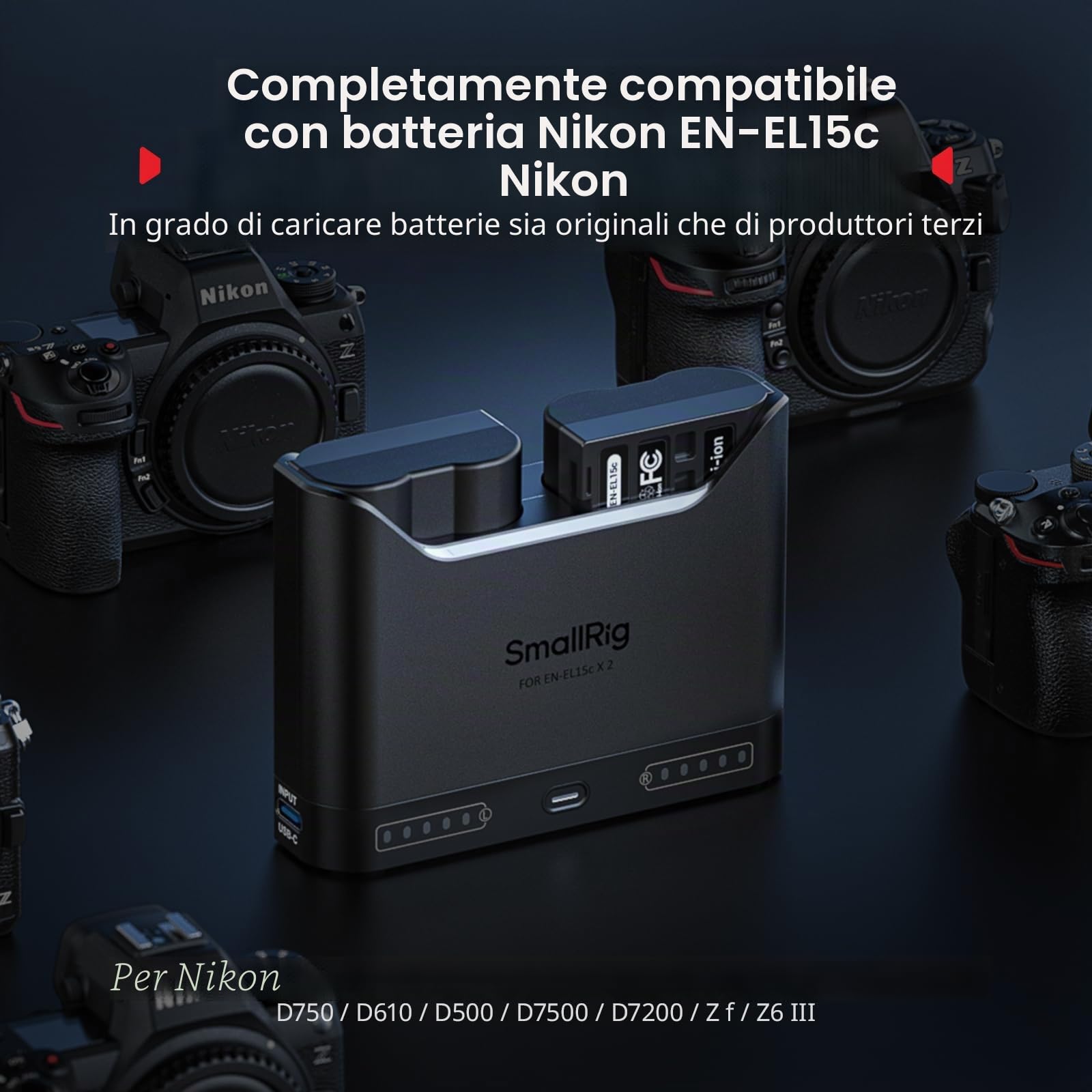 SMALLRIG Caricabatterie EN-EL15c per Nikon, caricabatteria doppio slot da 2 ore, porta USB-C da 22,5 W, per Nikon ZR, Z6III, Zf, Z8, Z7II, Z7, Z6II, Z6, D850, D810, D780, D750, D500, D7500, D7200-5491