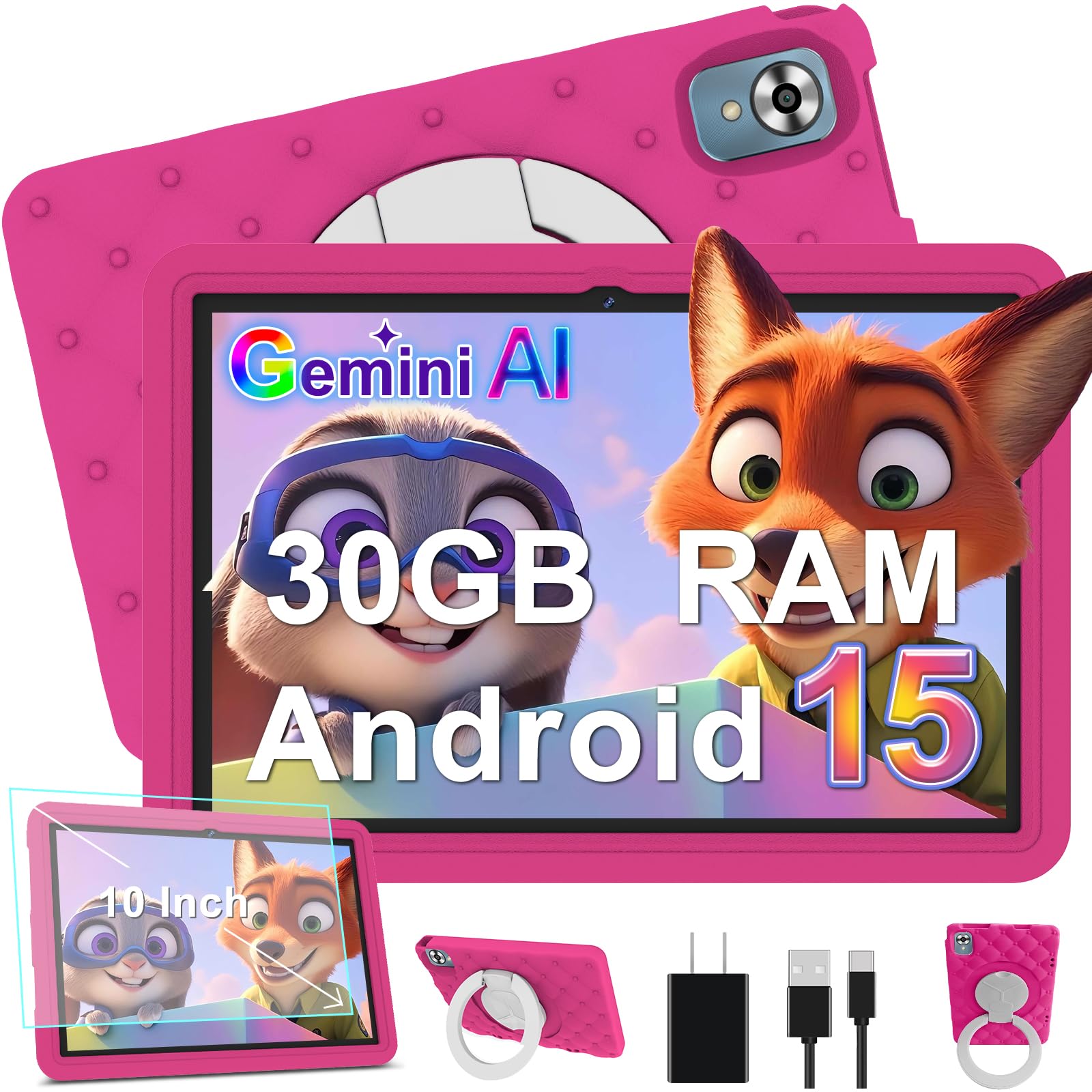 DMOAO Tablet Bambini 10 Pollici Android 15 con 30GB RAM, 5G Wi-Fi 6, 64GB ROM(2TB), Control Parental, Octa-Core, 8MP+5MP, 6000mAh, Custodia Protettiva EVA + Supporto Girevole a 360°, Rosa Rosso