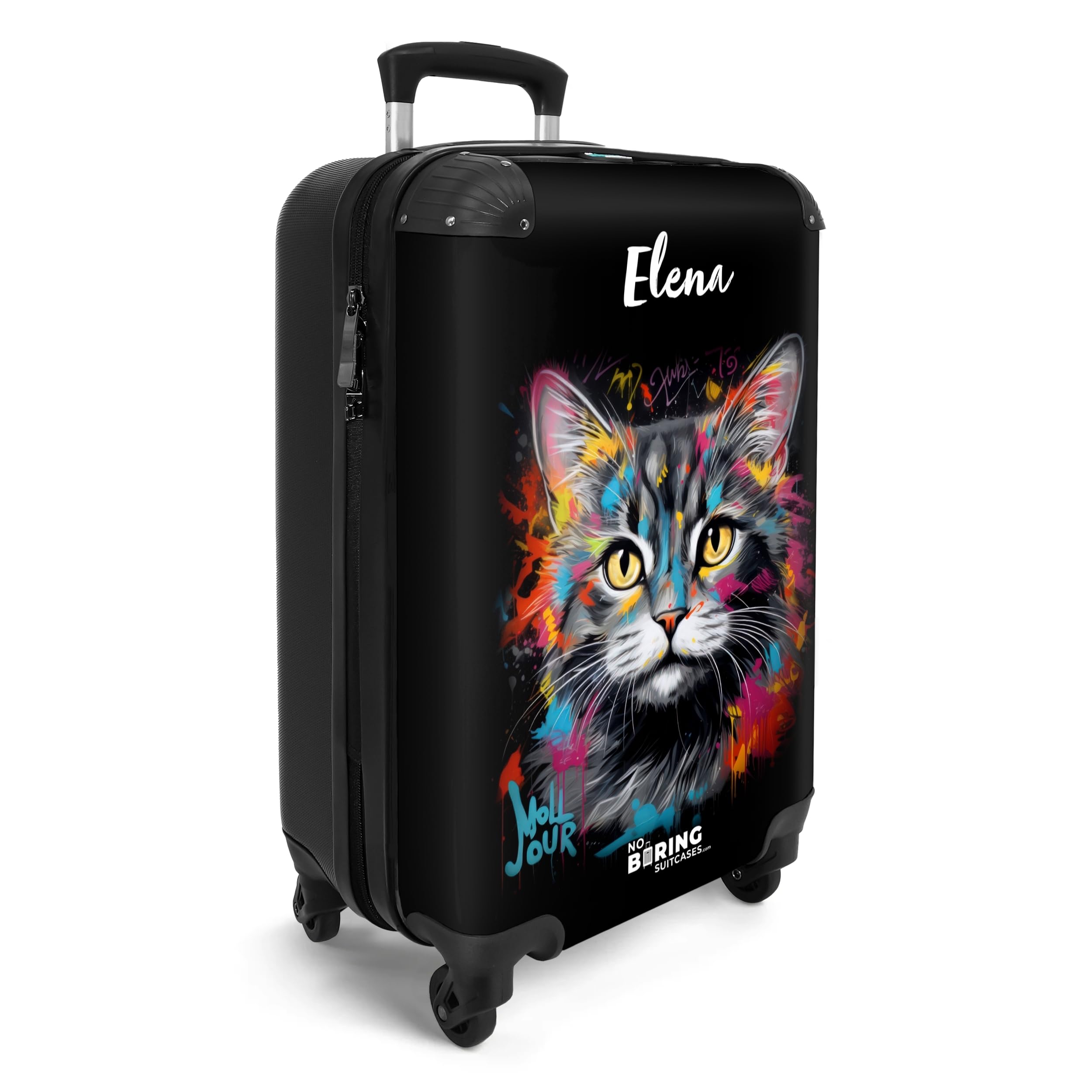 NoBoringSuitcases.com Personalisiertere Rollkoffer, Hartschalen 55x40x20 cm für Flugzeuge - Katze Grau
