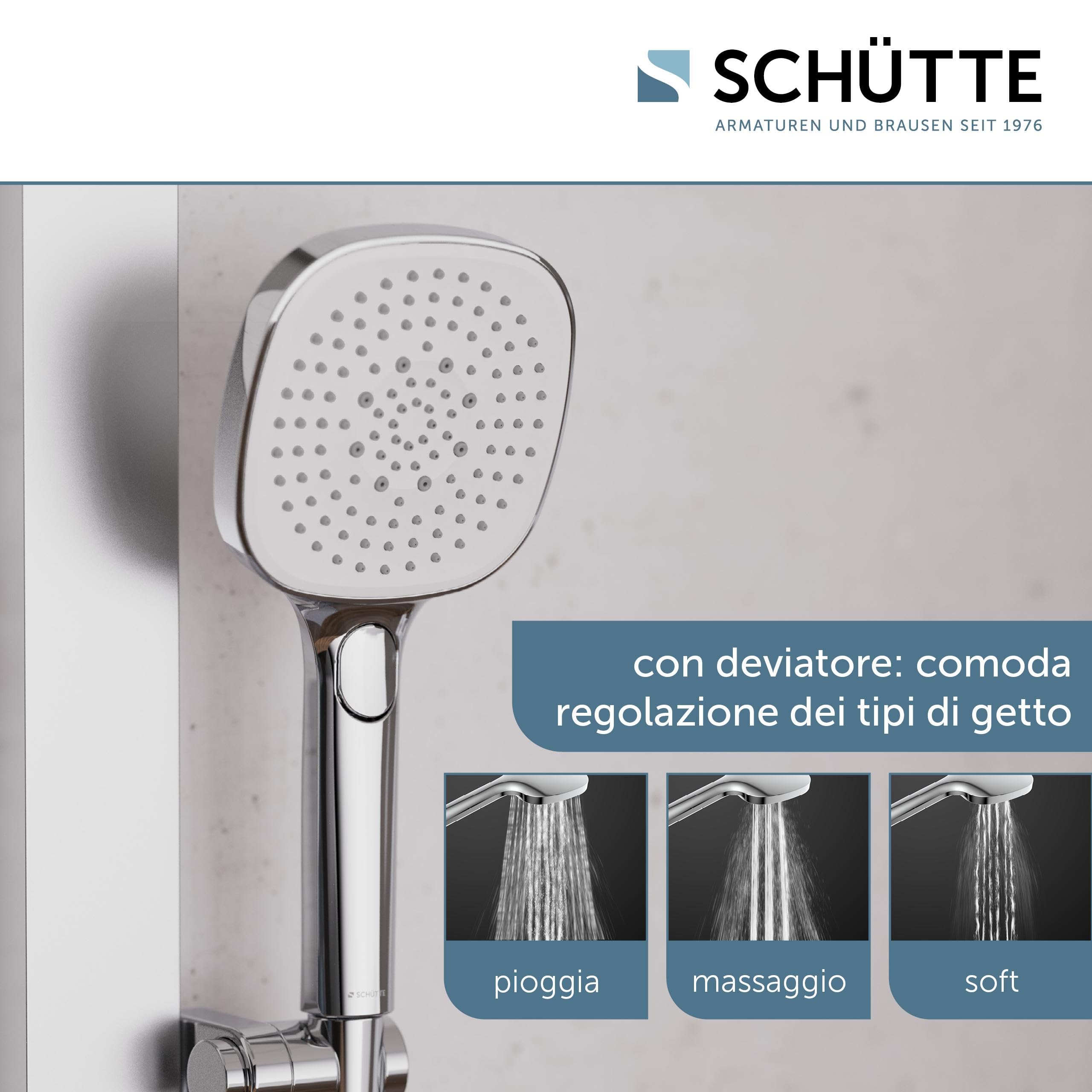 SCHÜTTE 60685 LA PALMA - Sistema doccia con doccia a pioggia e colonna doccia, 36 x 24 cm, in acciaio inox, set doccia senza rubinetto, asta doccia con doccetta e doccetta, cromato