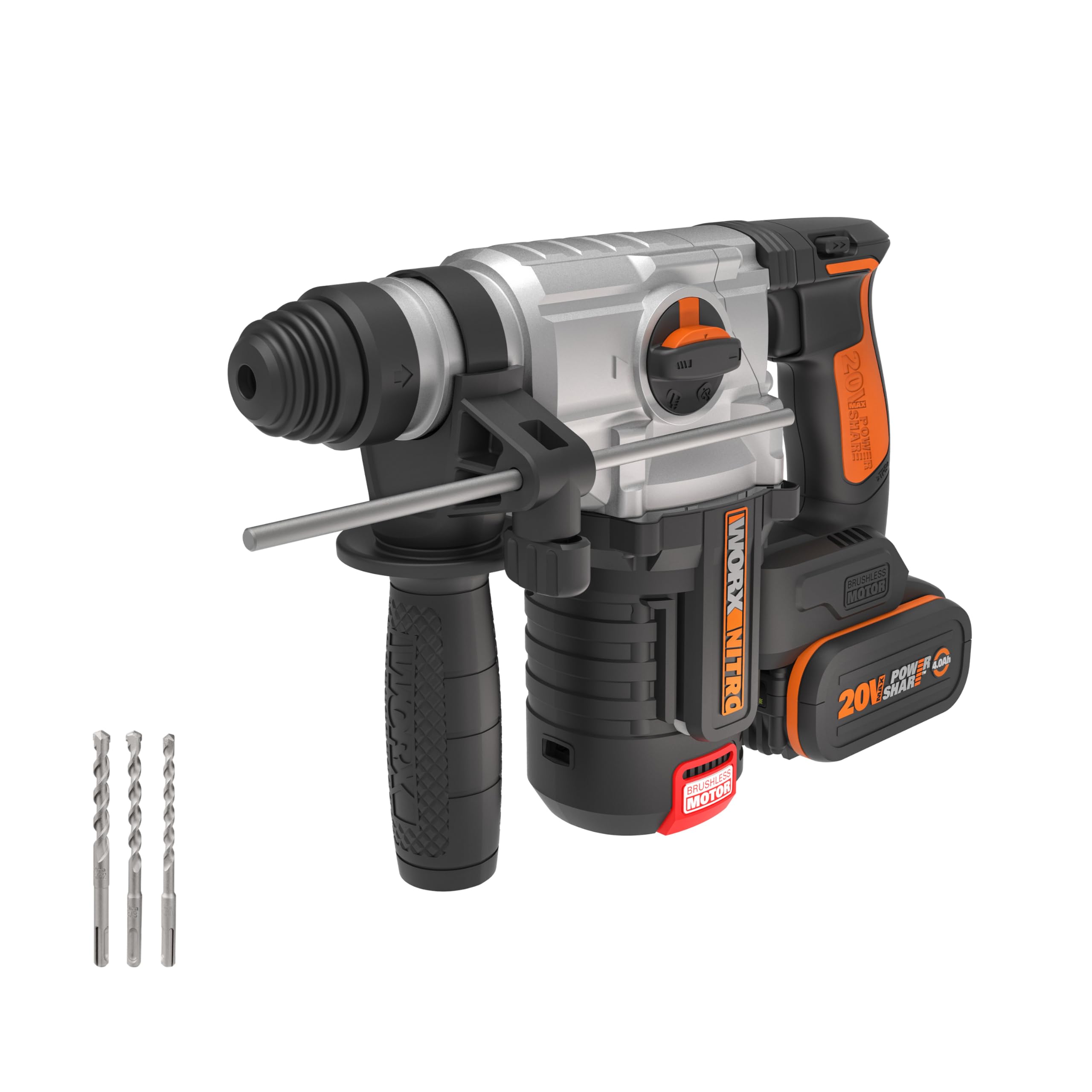 WORX, Martillo Brushless 3 funciones 2,2J 20 V WORX, PowerShare, WX380,9, Sin batería ni cargador, Motor sin escobillas, Control de velocidad variable, Luz LED