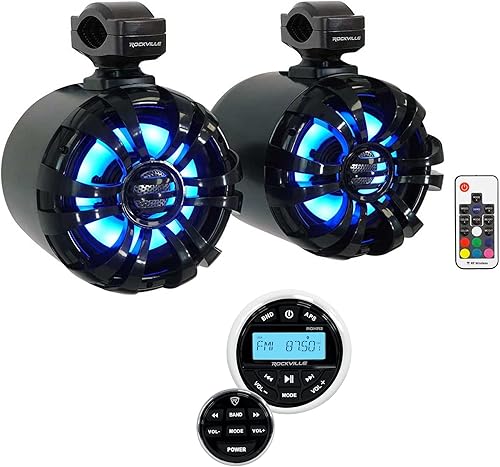 Rockville 2 WB65KLED Negro 6.5 "LED Marine Wakeboard Giratorio Torre Altavoces+Radio