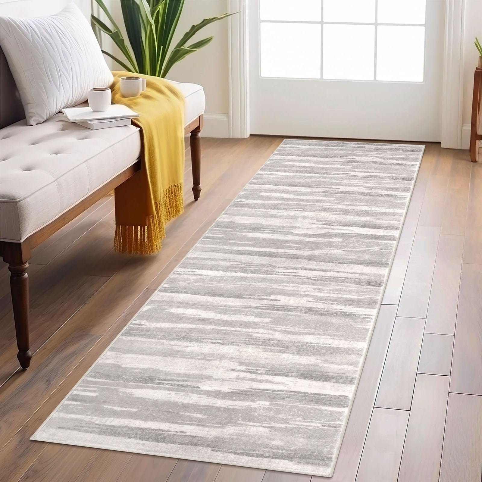 Lansny Modern Abstract Runner Rug 2x6, Neutral Light Beige and Grey Washable Kitchen Runner Non-Slip Soft Hallway Rug Runner Thin Print Faux Wool