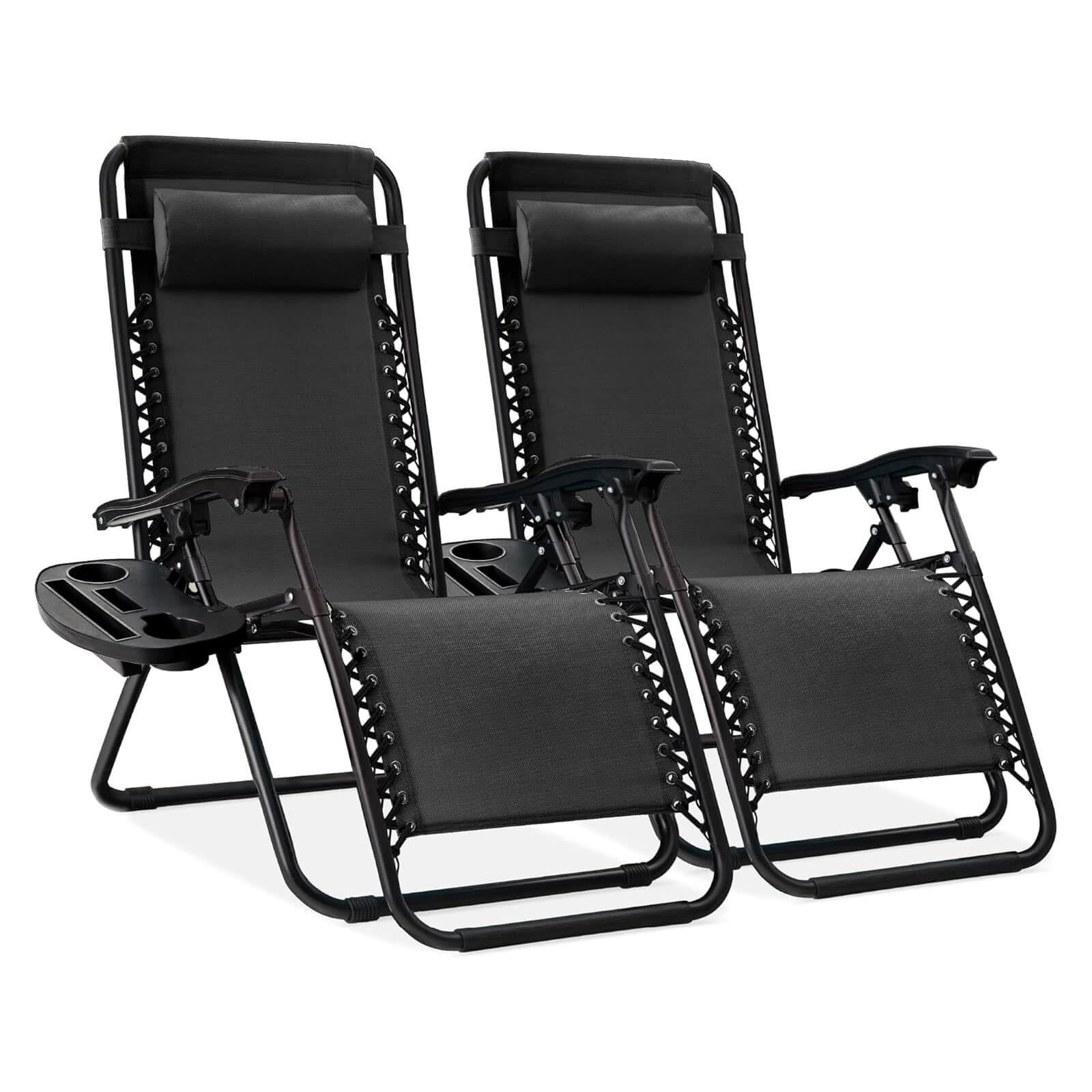 EIGFOH Tumbonas Plegables,Tumbonas Jardin Exterior Silla de Playa con Portavasos y Reposacabezas,Silla de Playa Ajustable para Jardín,Playa,Piscina,Terraza,Carga de 150 KG (Negro 2 Tumbonas)