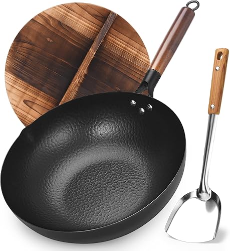 Miniatura 2 de Cookeriess Wok de acero al carbono martillado a mano tapa de madera espátula asiática con asa sartén para cocina china japonesa y cantonesa cocina