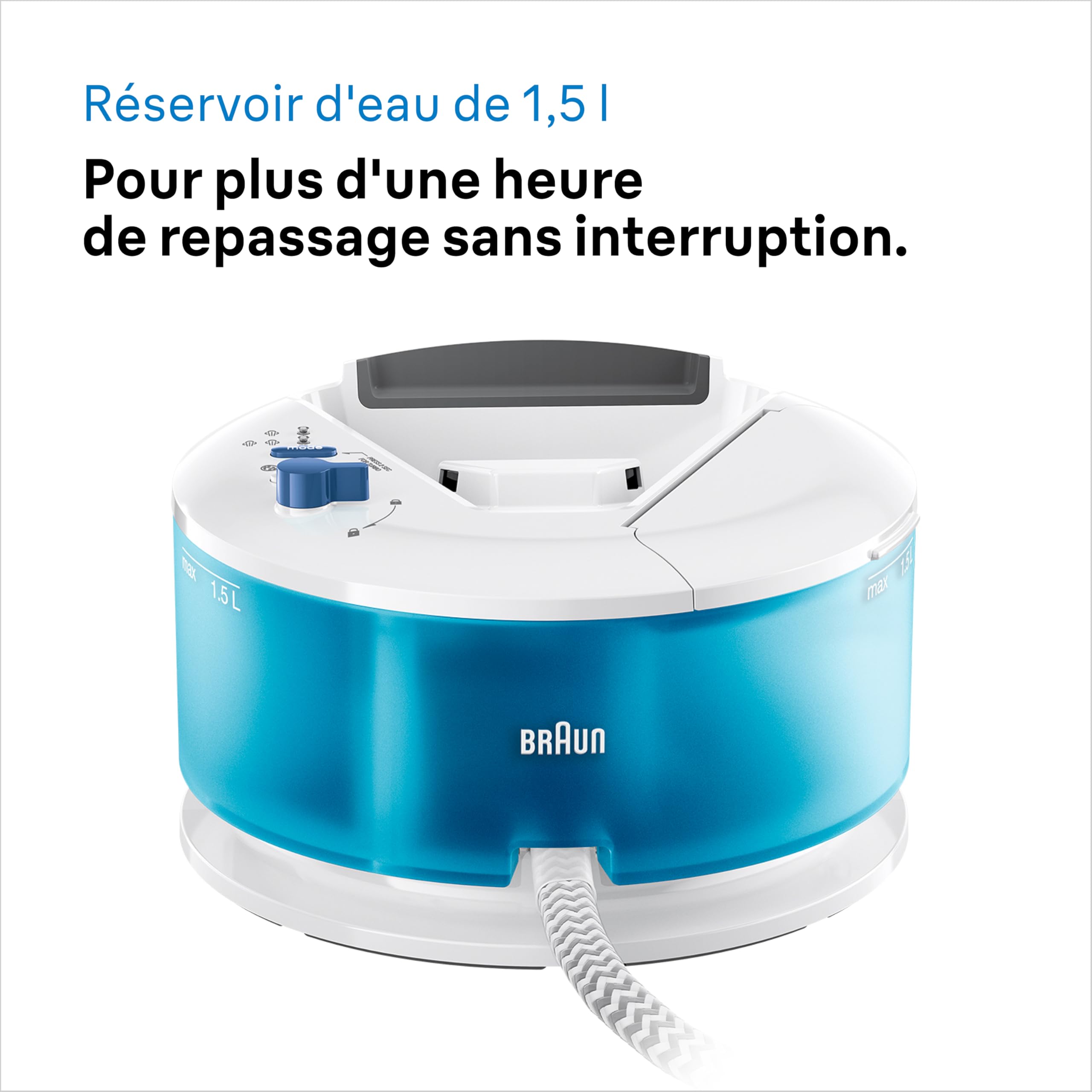 Braun CareStyle Compact - Centrale Vapeur Compacte avec Chaudière, Fer à Repasser Vapeur Puissant, Semelle EloxalPlus FreeGlide 3D, Débit Vapeur Jusqu’à 420g/min, Réservoir 1,5L, Blanc/Bleu (IS2143BL)
