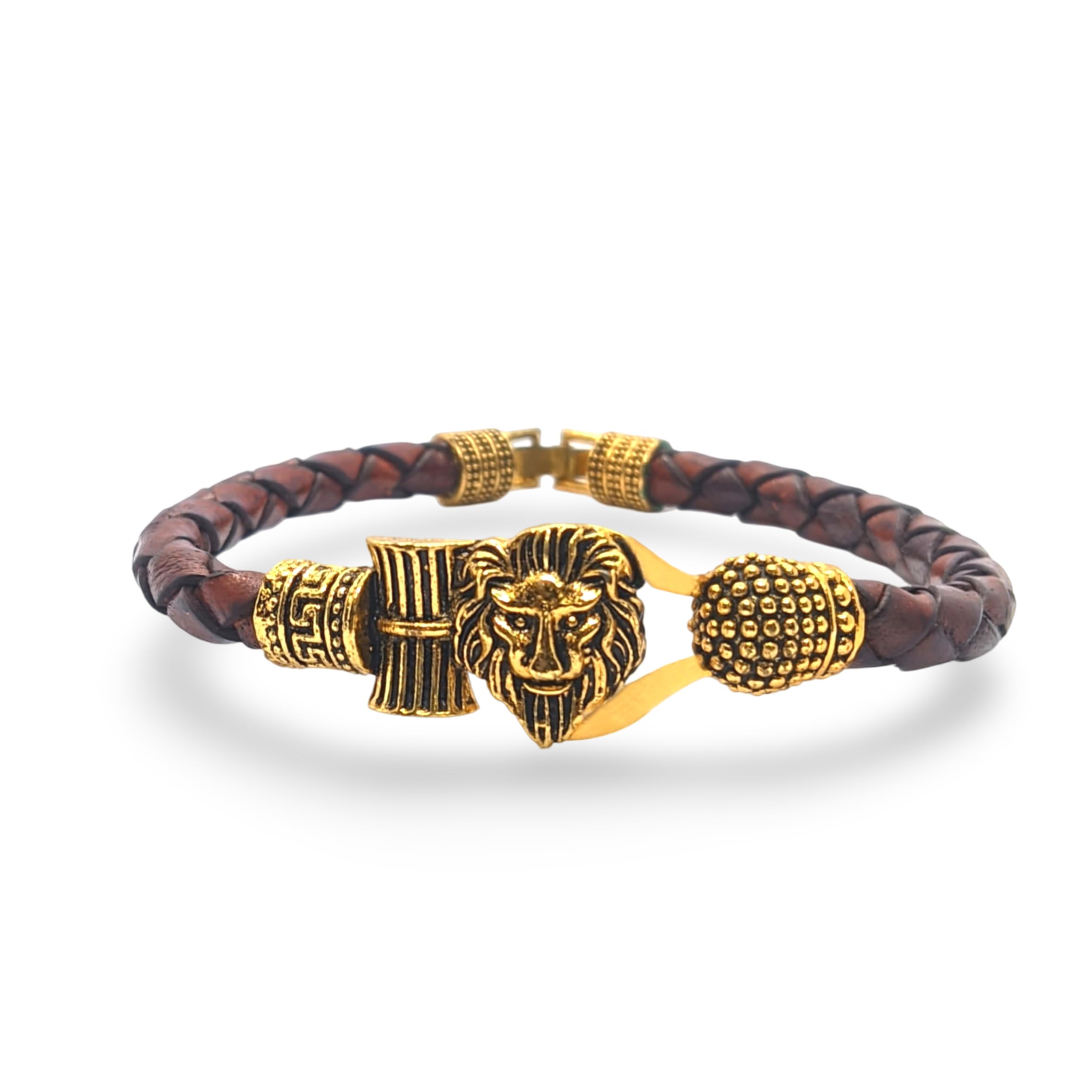 VividGraceLion Head Leather Kada Bracelet, Golden Accents
